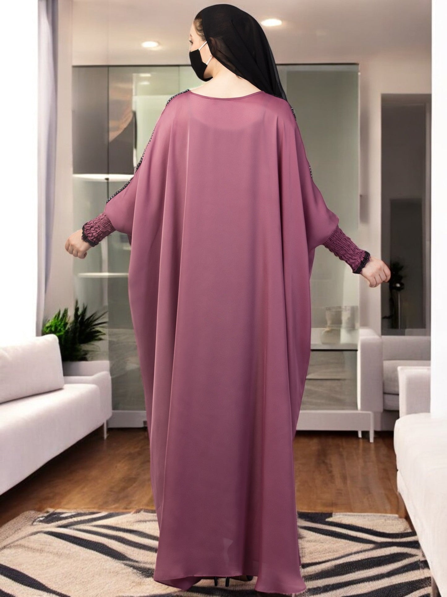 Free Size kaftan Abaya with long elasticated sleeves.