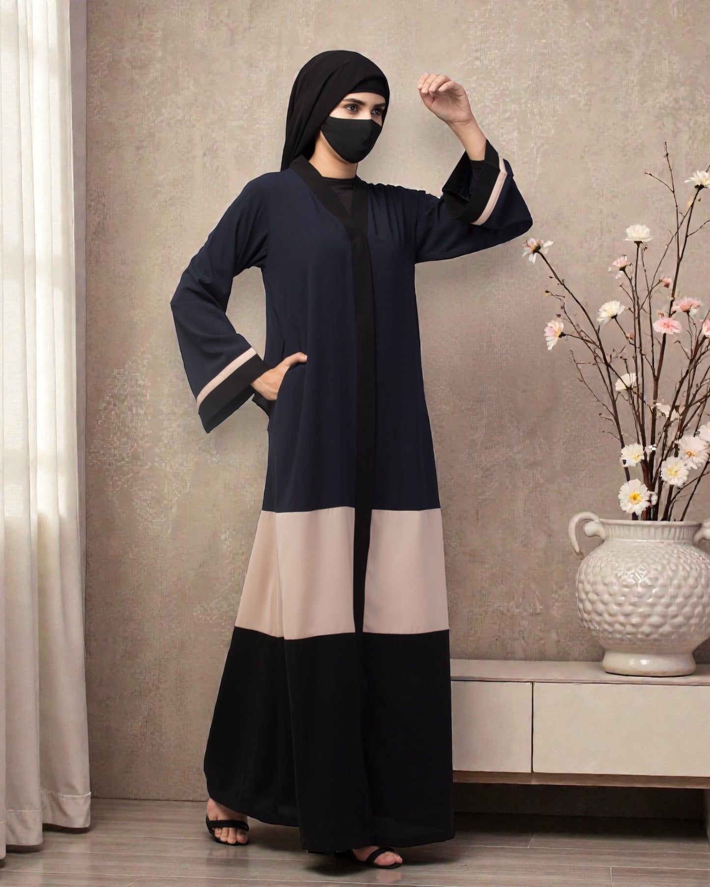 Color-Blaocked Open Abaya.