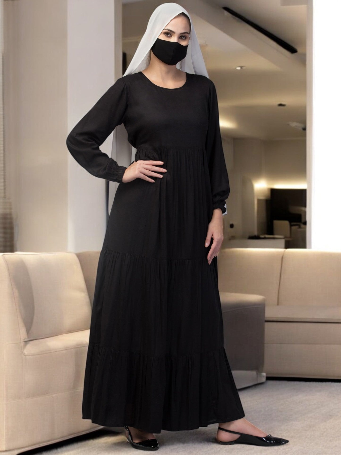 Multi Layered- Maxi Dress With Elasticated Sleeves