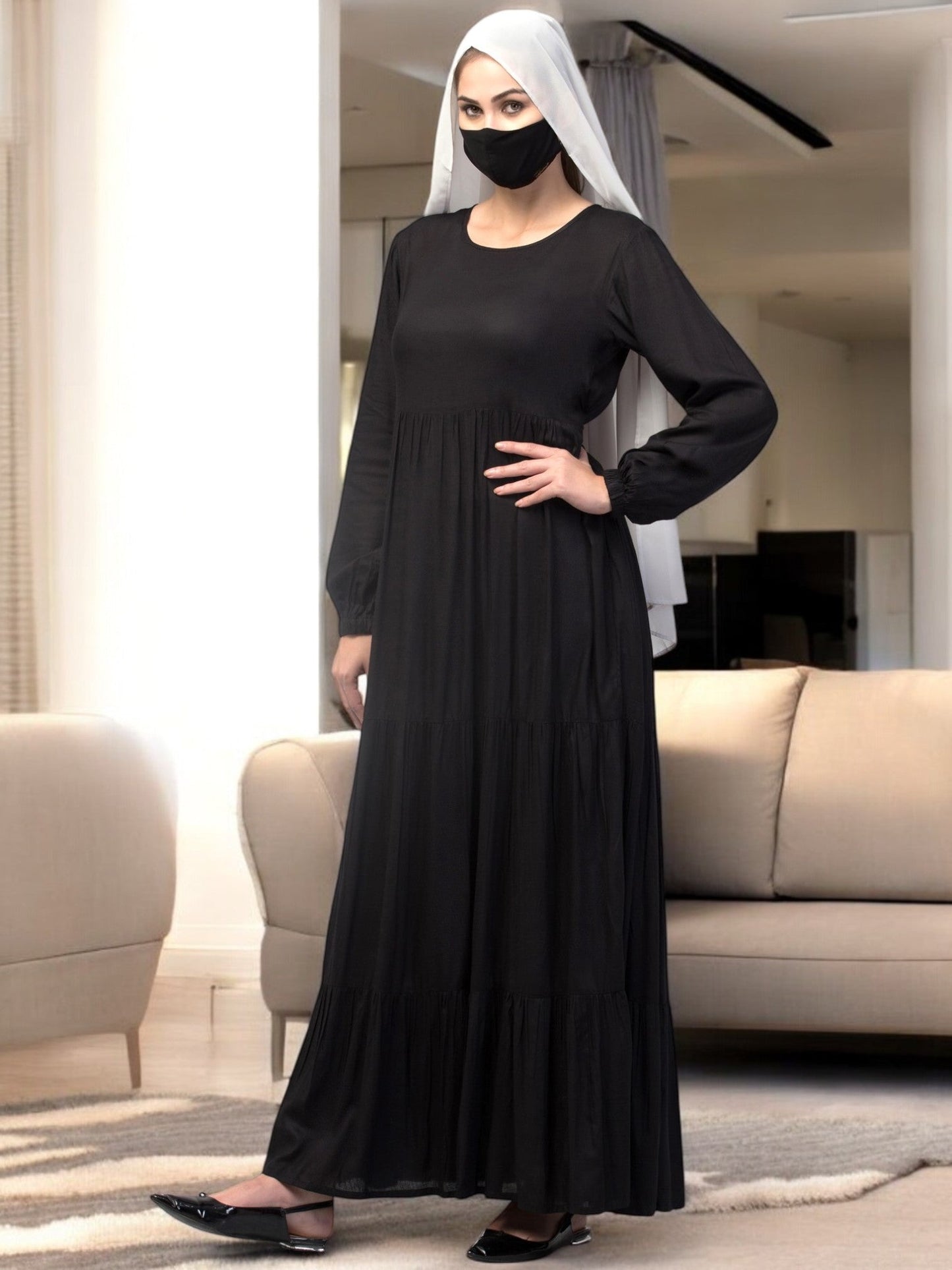 Multi Layered- Maxi Dress With Elasticated Sleeves
