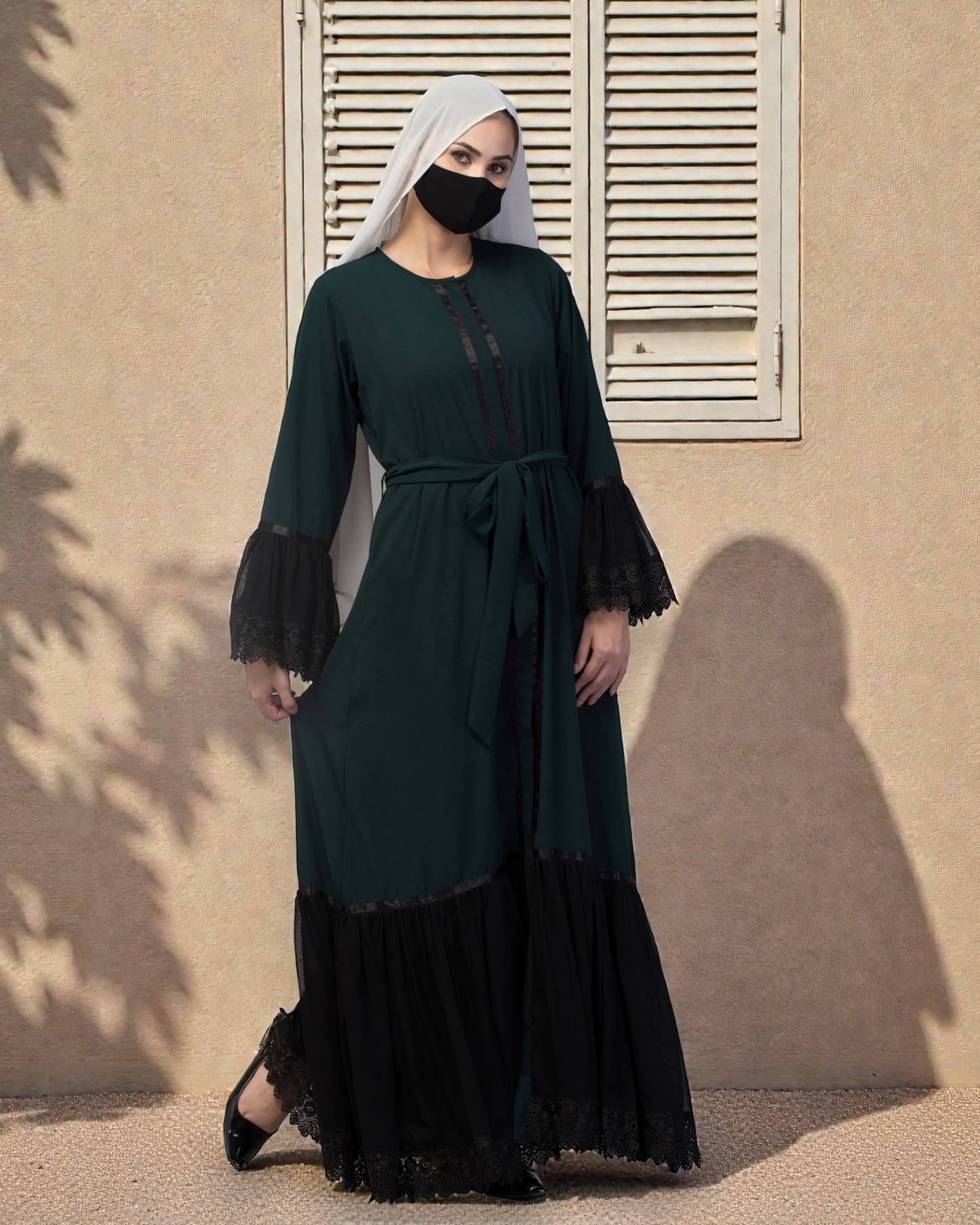Front Open Abaya Like Dress With Lace work and layers of Georgette