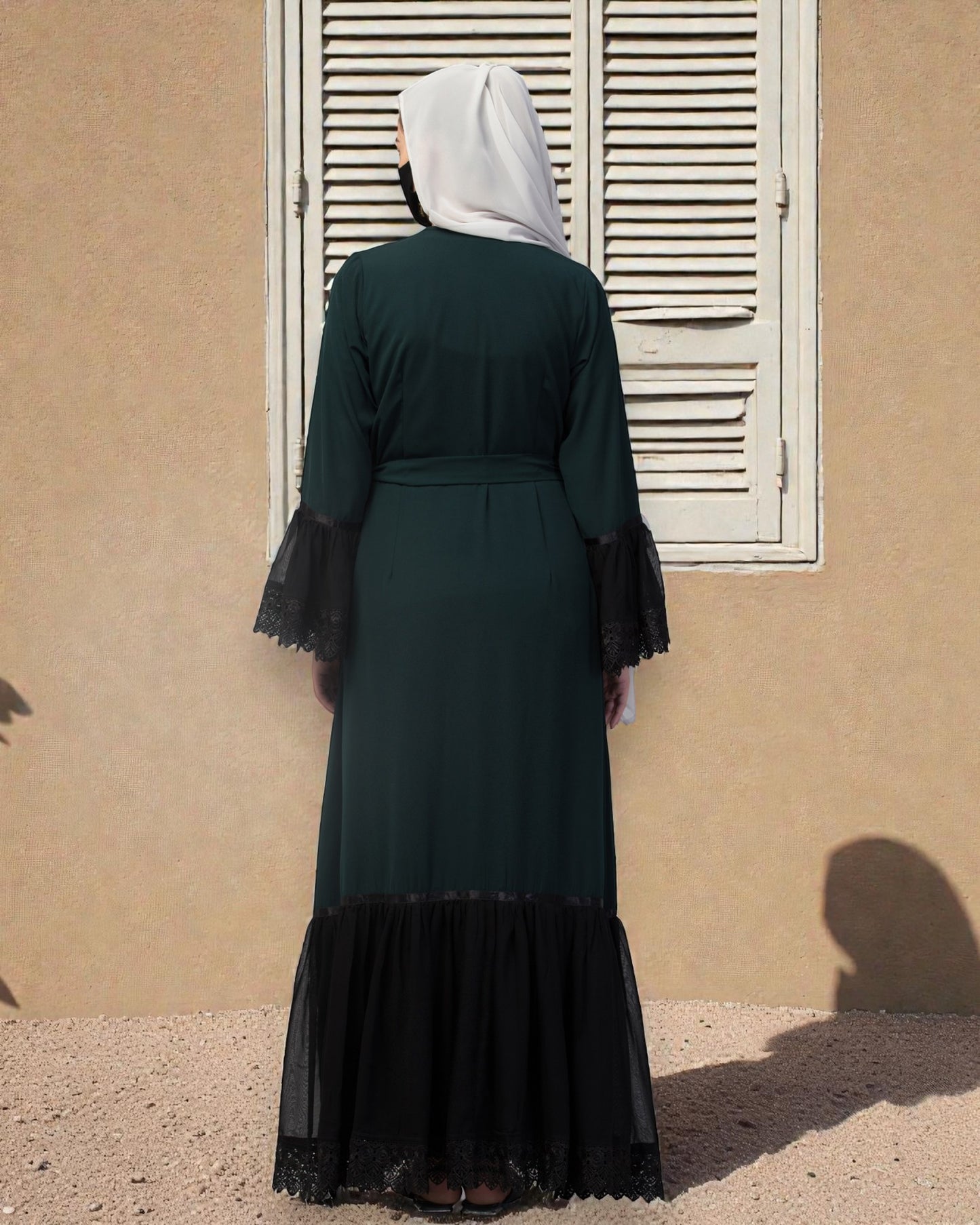Front Open Abaya Like Dress With Lace work and layers of Georgette