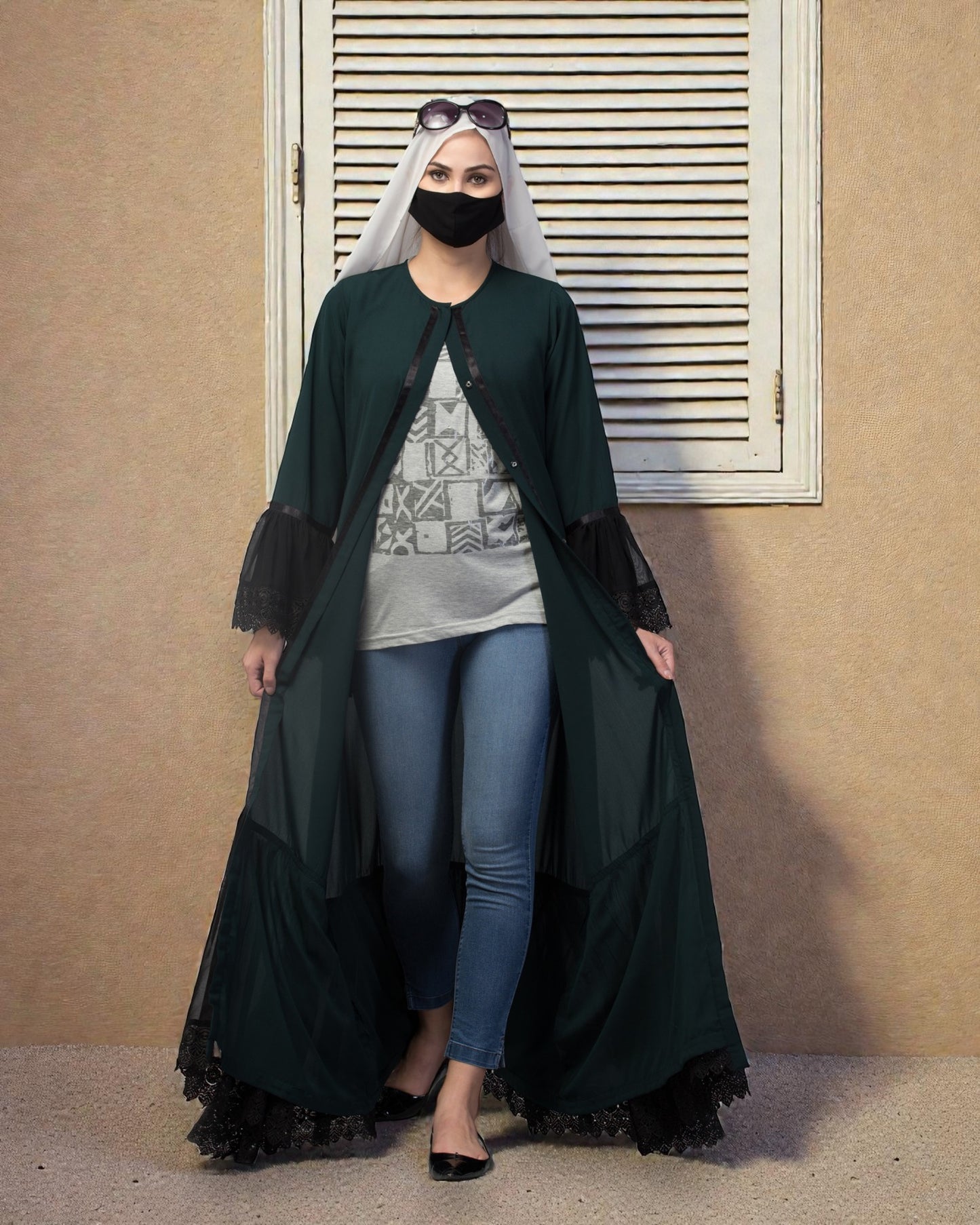 Front Open Abaya Like Dress With Lace work and layers of Georgette