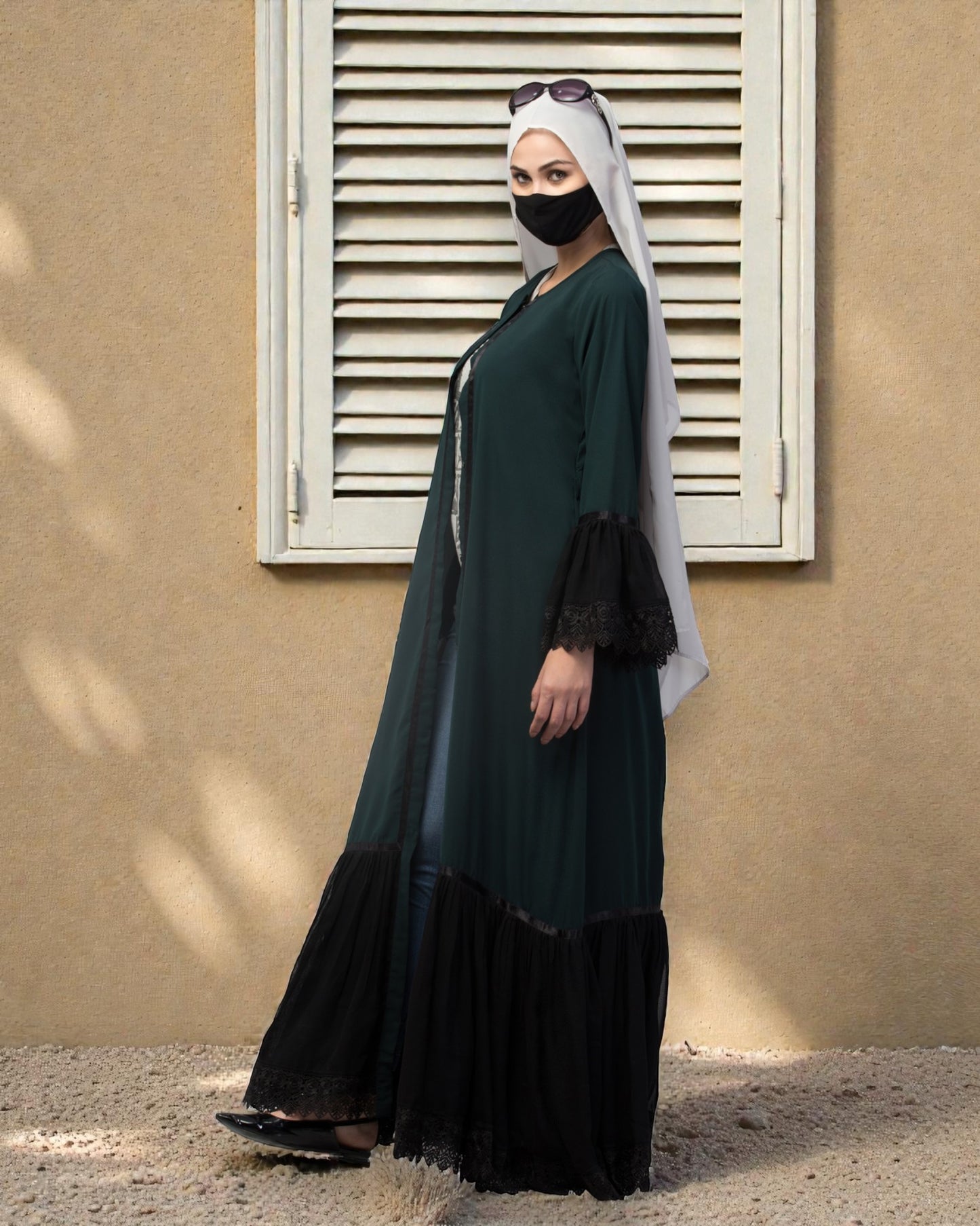 Front Open Abaya Like Dress With Lace work and layers of Georgette