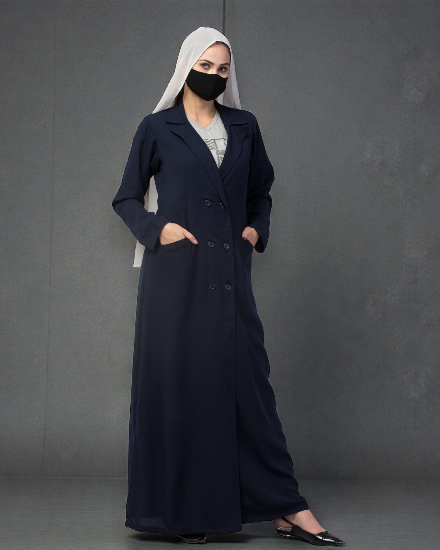 Double Breasted Abaya Style Coat with Front Pockets