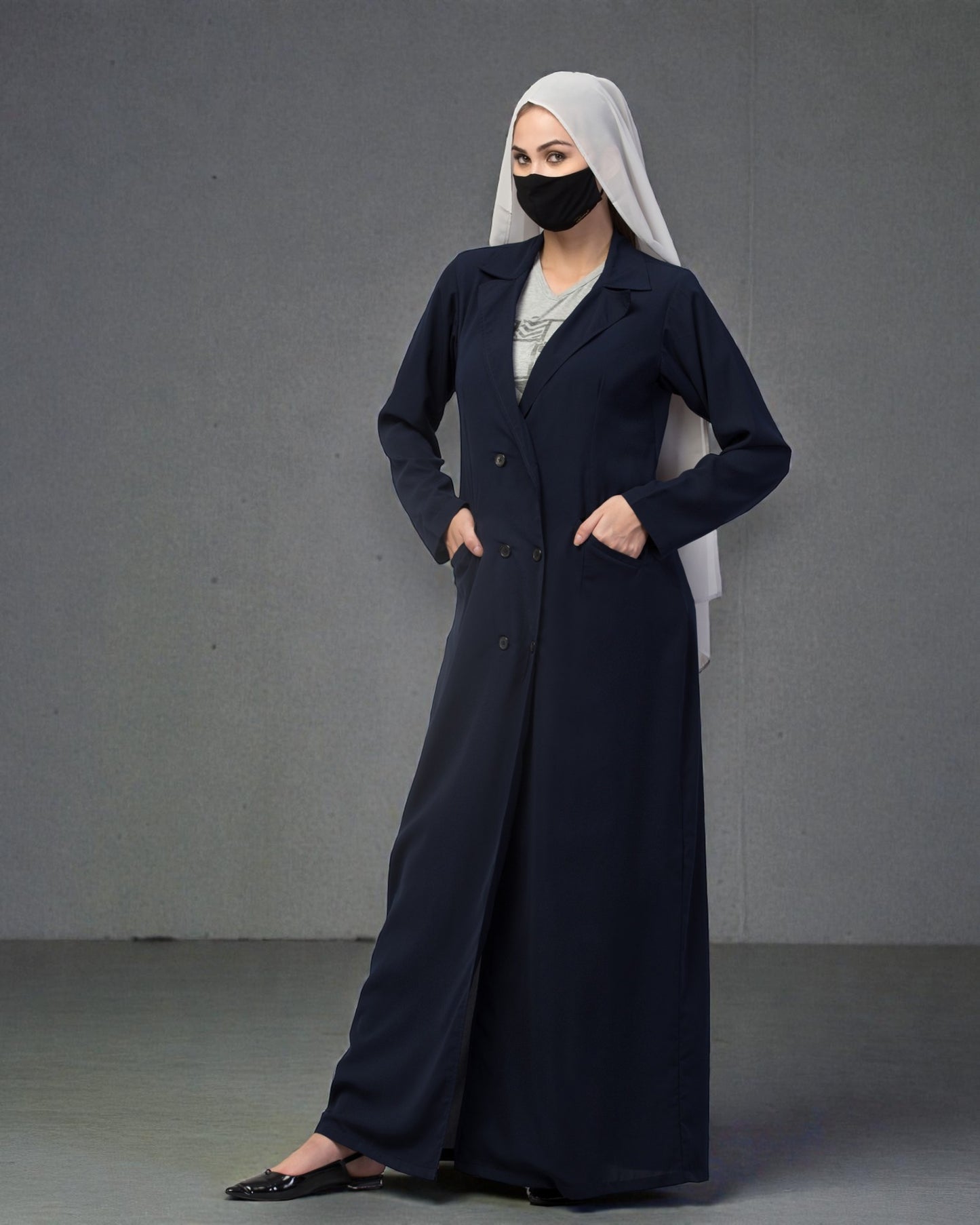 Double Breasted Abaya Style Coat with Front Pockets