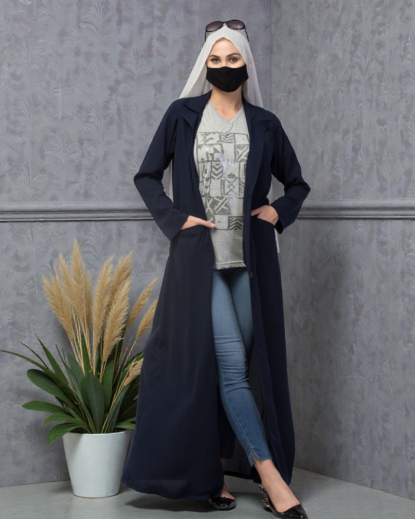 Double Breasted Abaya Style Coat with Front Pockets