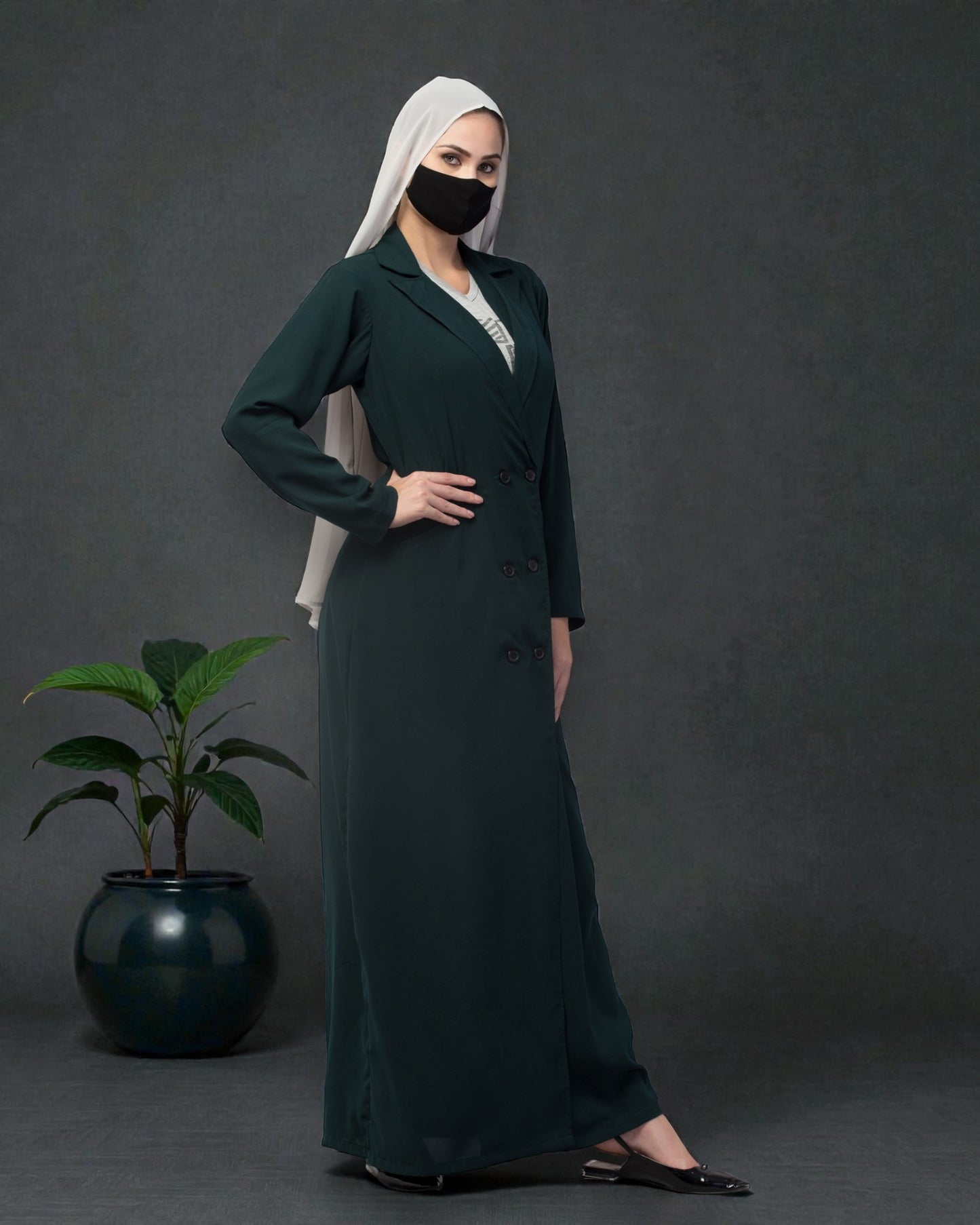 Double Breasted Abaya Style Coat with Front Pockets