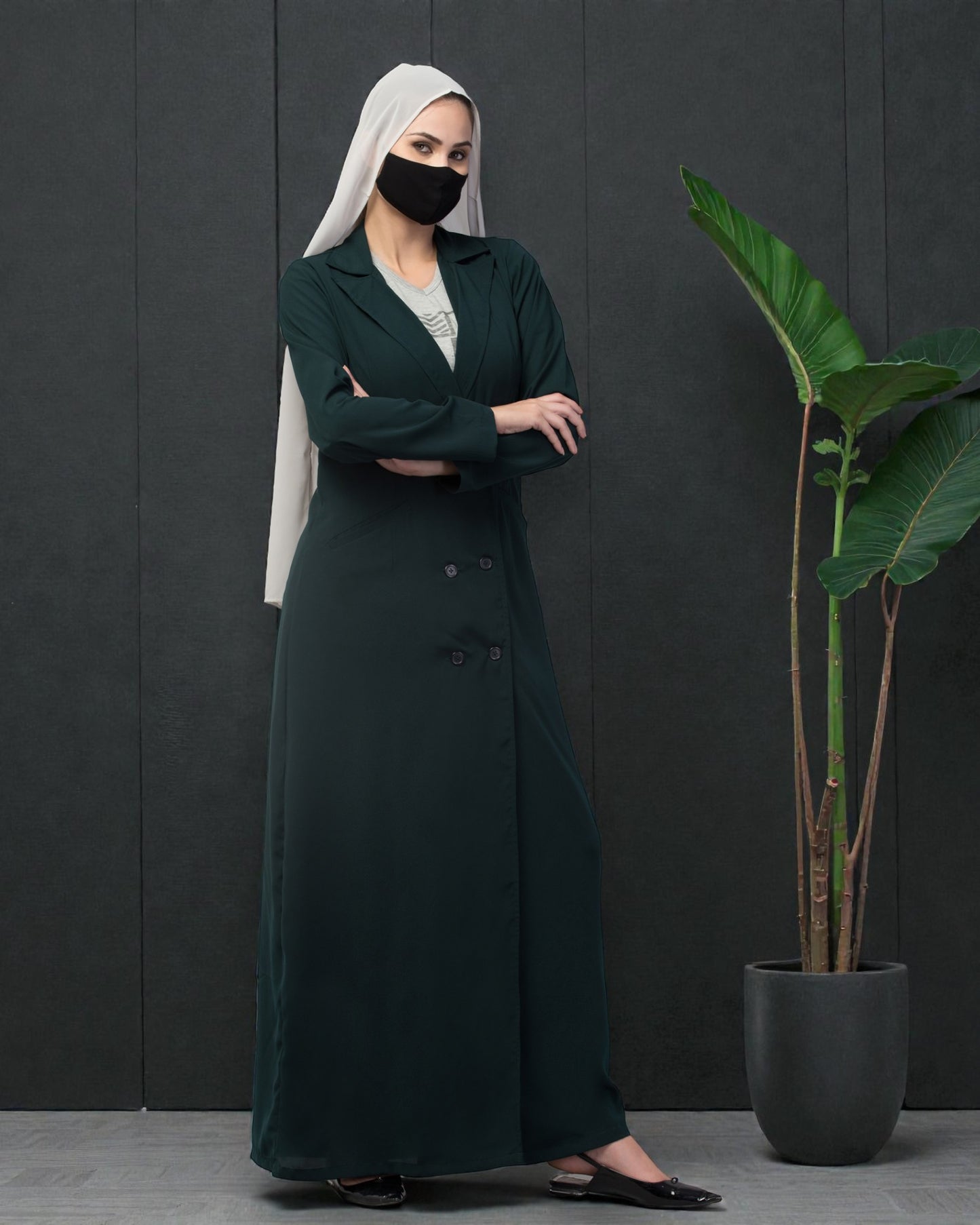 Double Breasted Abaya Style Coat with Front Pockets