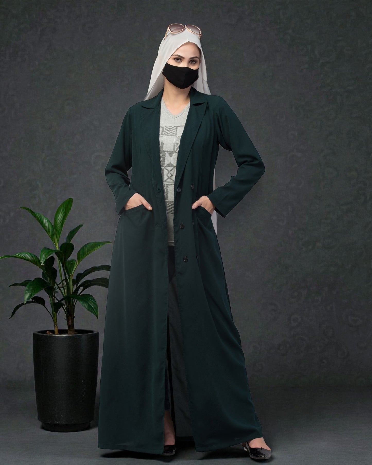 Double Breasted Abaya Style Coat with Front Pockets