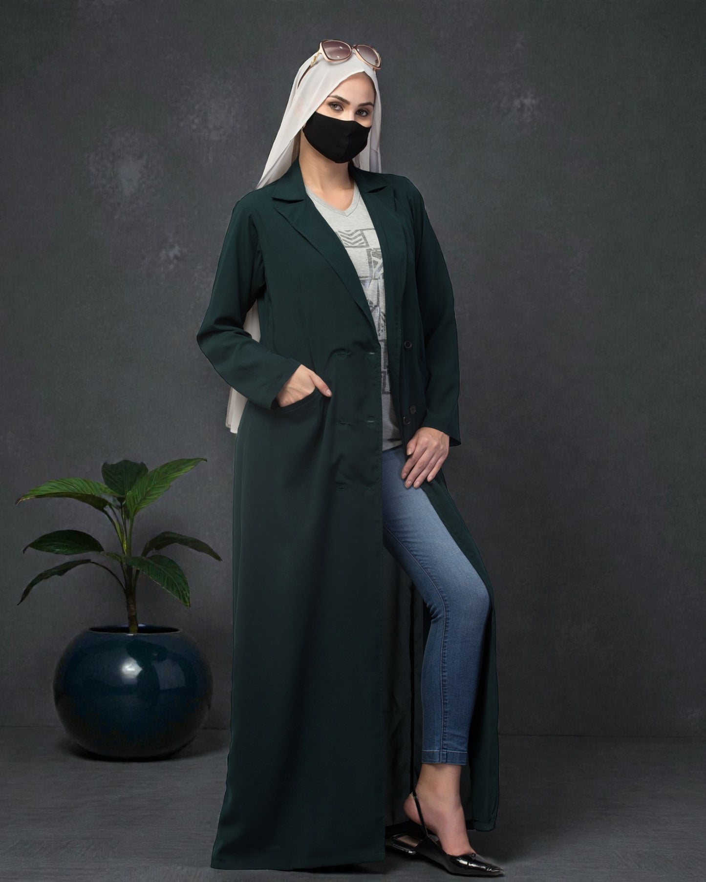 Double Breasted Abaya Style Coat with Front Pockets