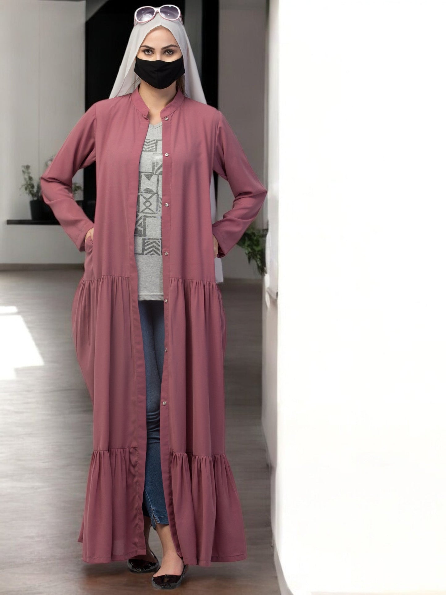 Front Open Abaya In Rayon fabric With Pockets