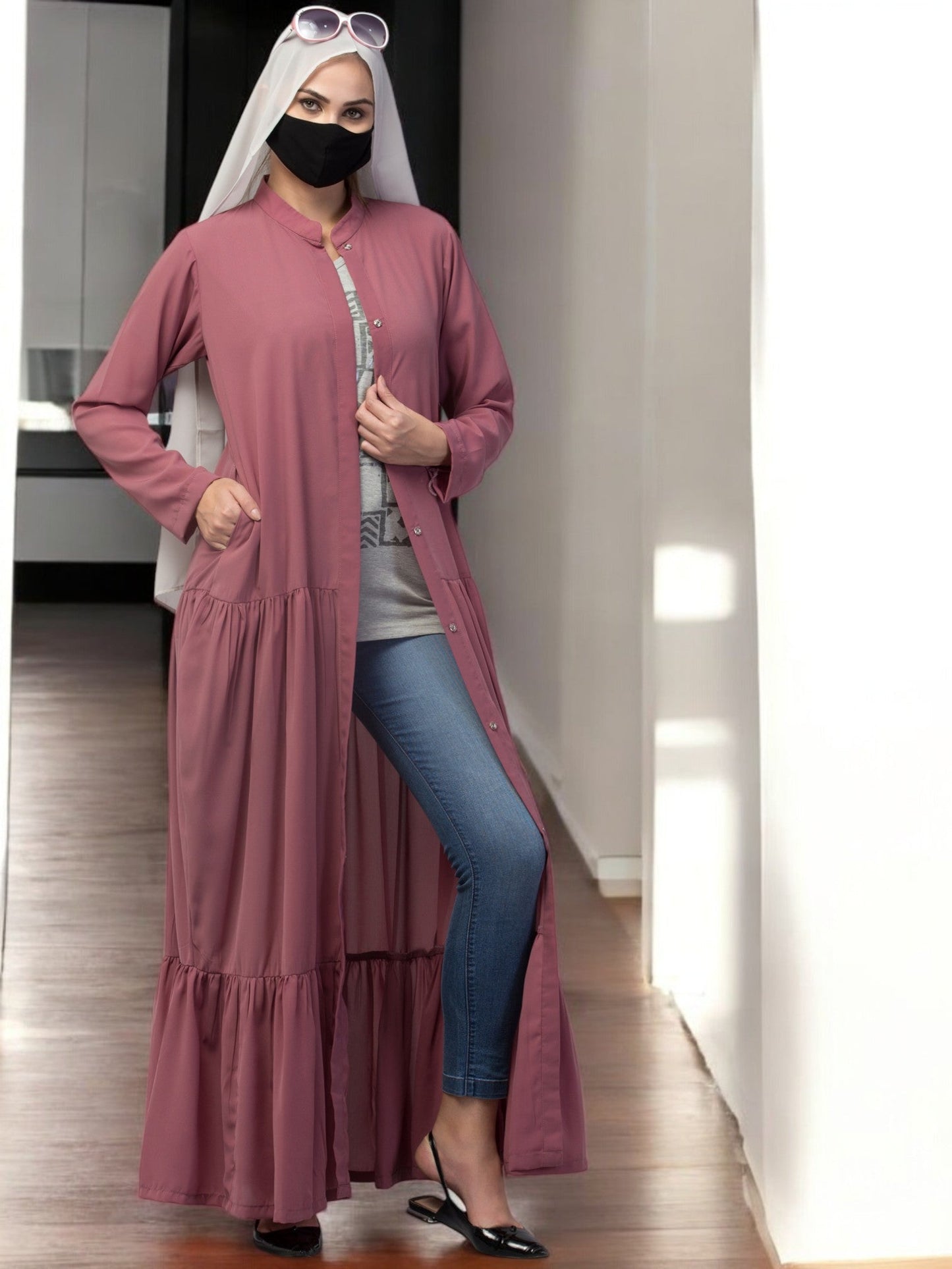 Front Open Abaya In Rayon fabric With Pockets
