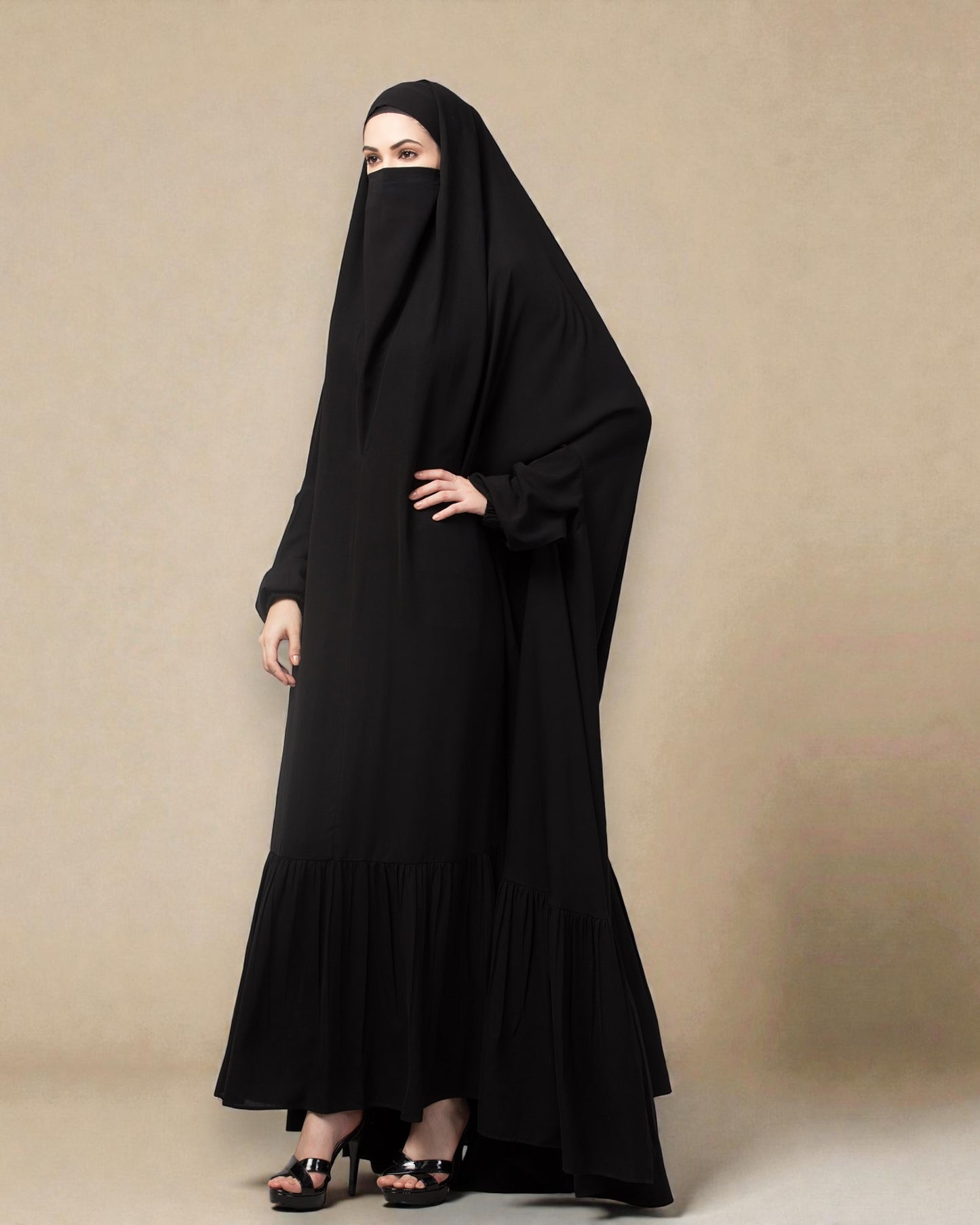 One Piece Jilbab With Adjustable Nose Piece and Frilly Bottom-Very Loose Fit