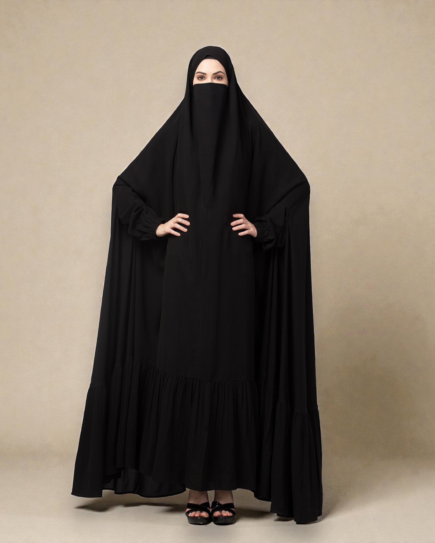 One Piece Jilbab With Adjustable Nose Piece and Frilly Bottom-Very Loose Fit