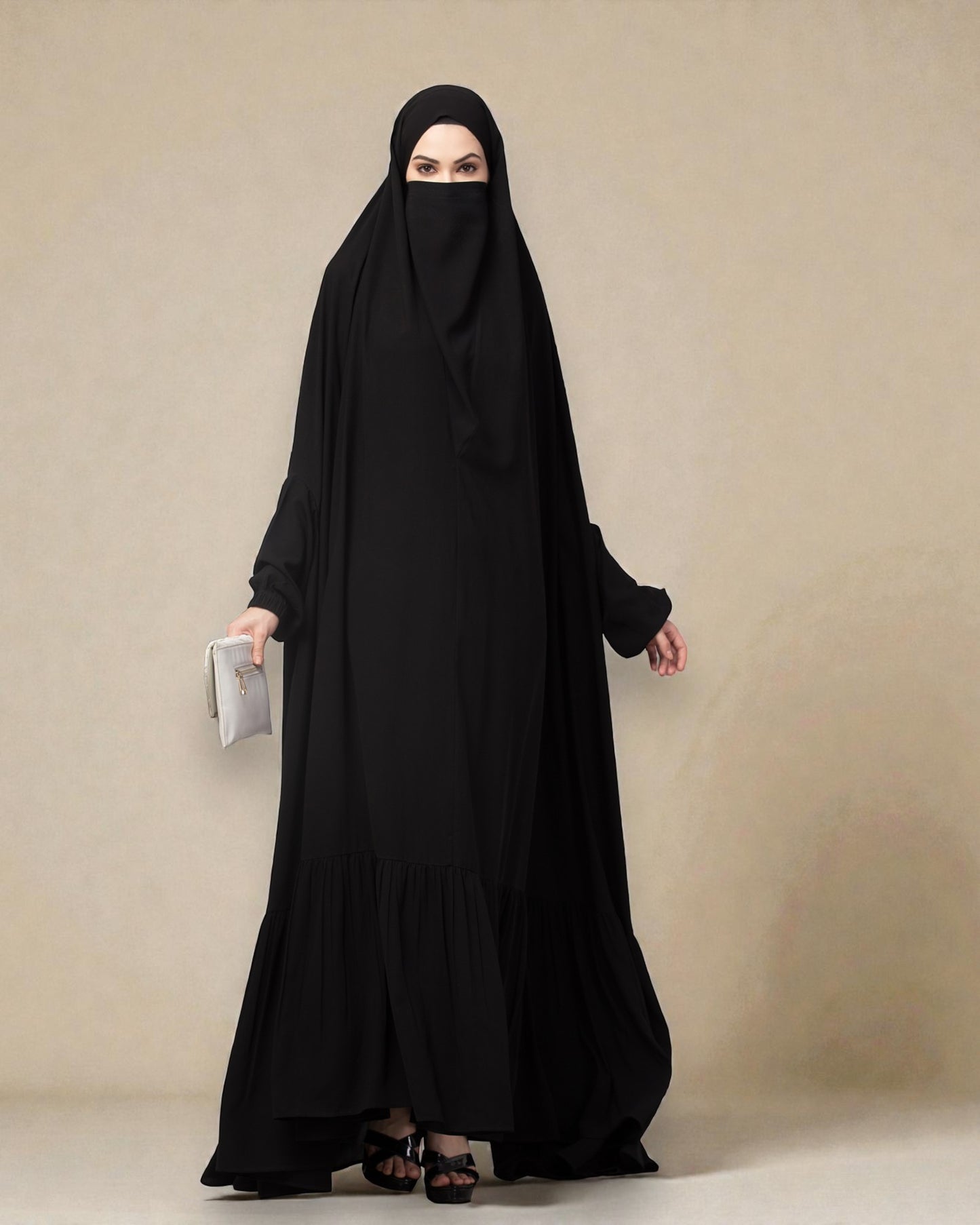 One Piece Jilbab With Adjustable Nose Piece and Frilly Bottom-Very Loose Fit