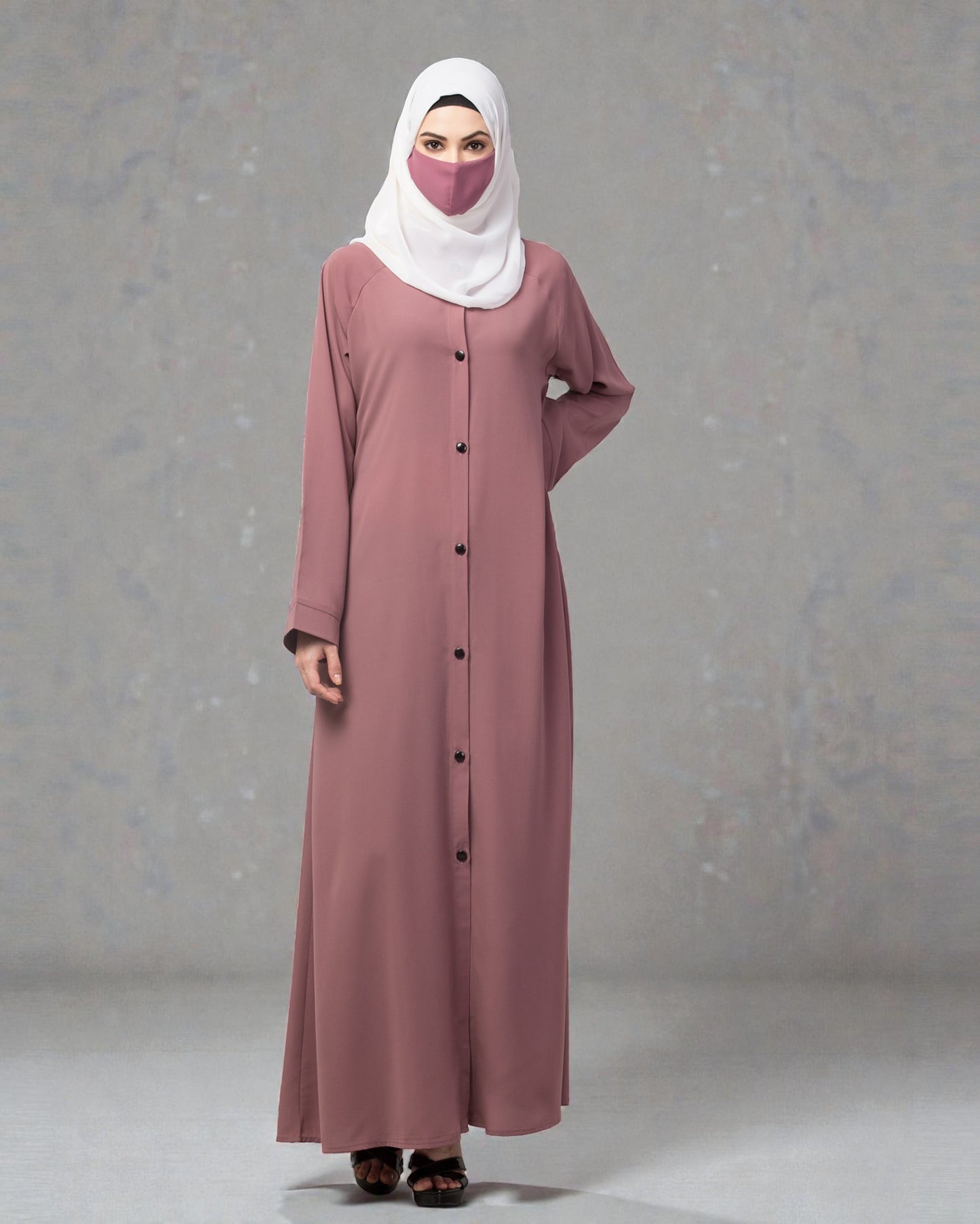 Front Open Abaya With Contrast Buttons