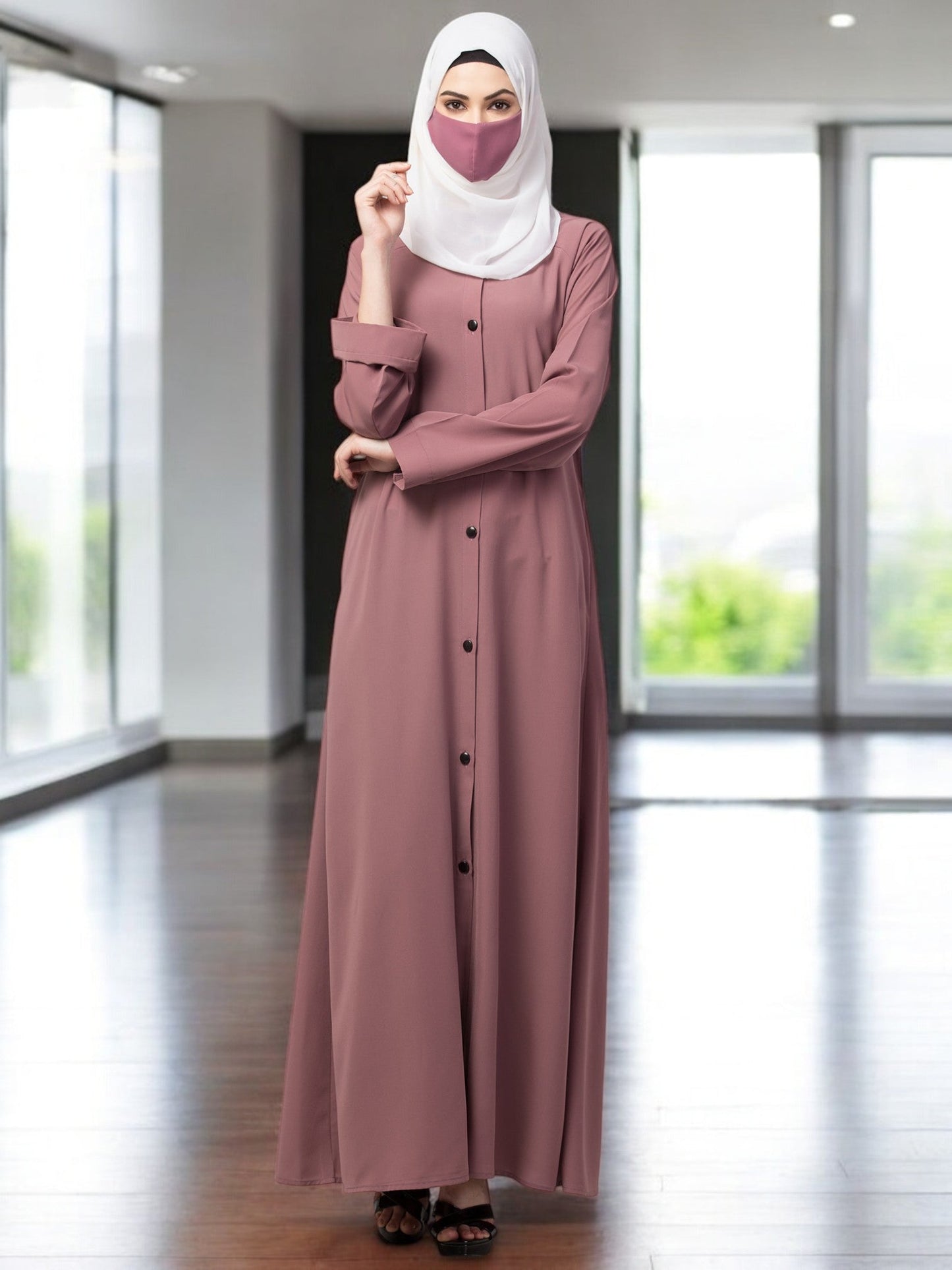 Front Open Abaya With Contrast Buttons