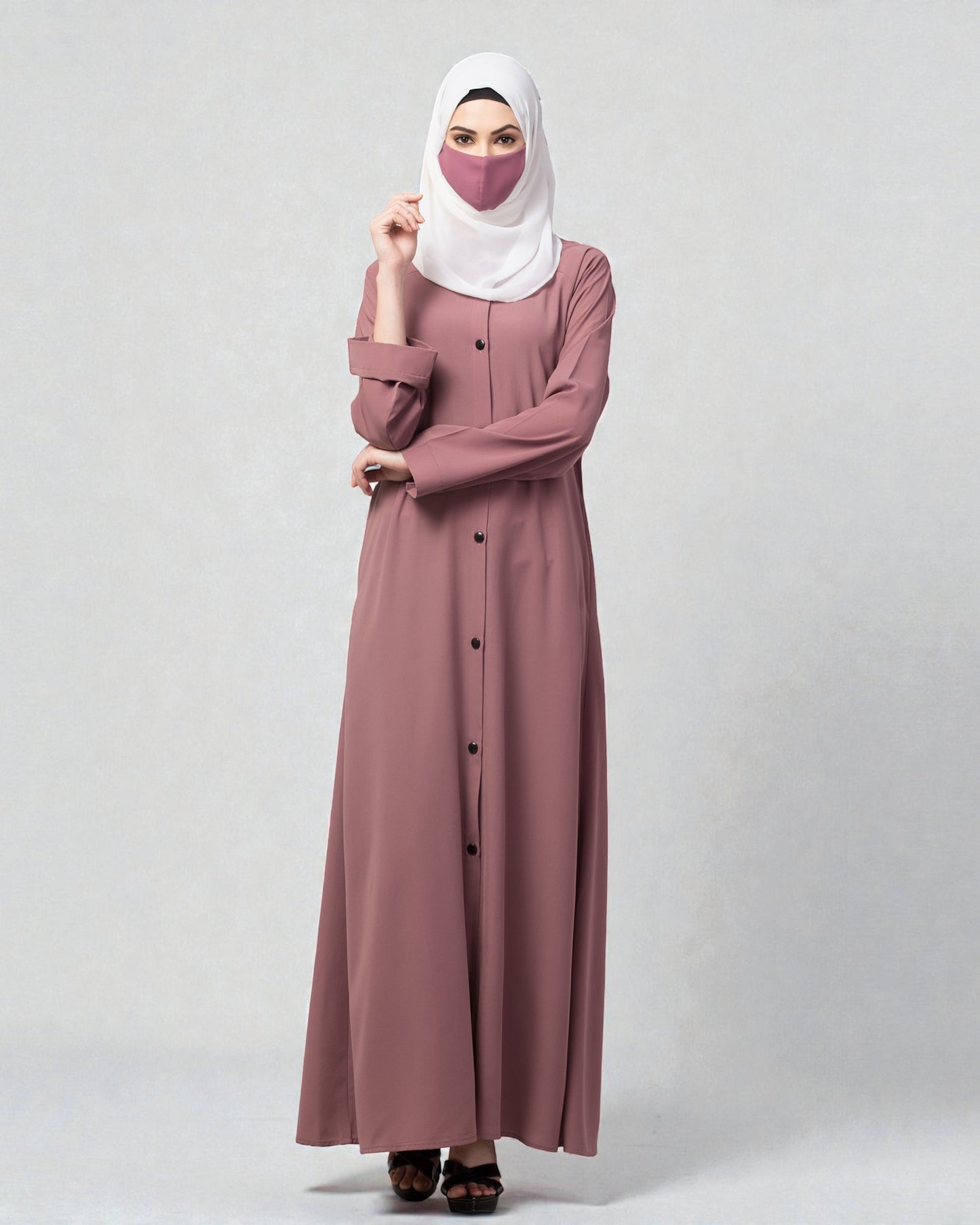 Front Open Abaya With Contrast Buttons