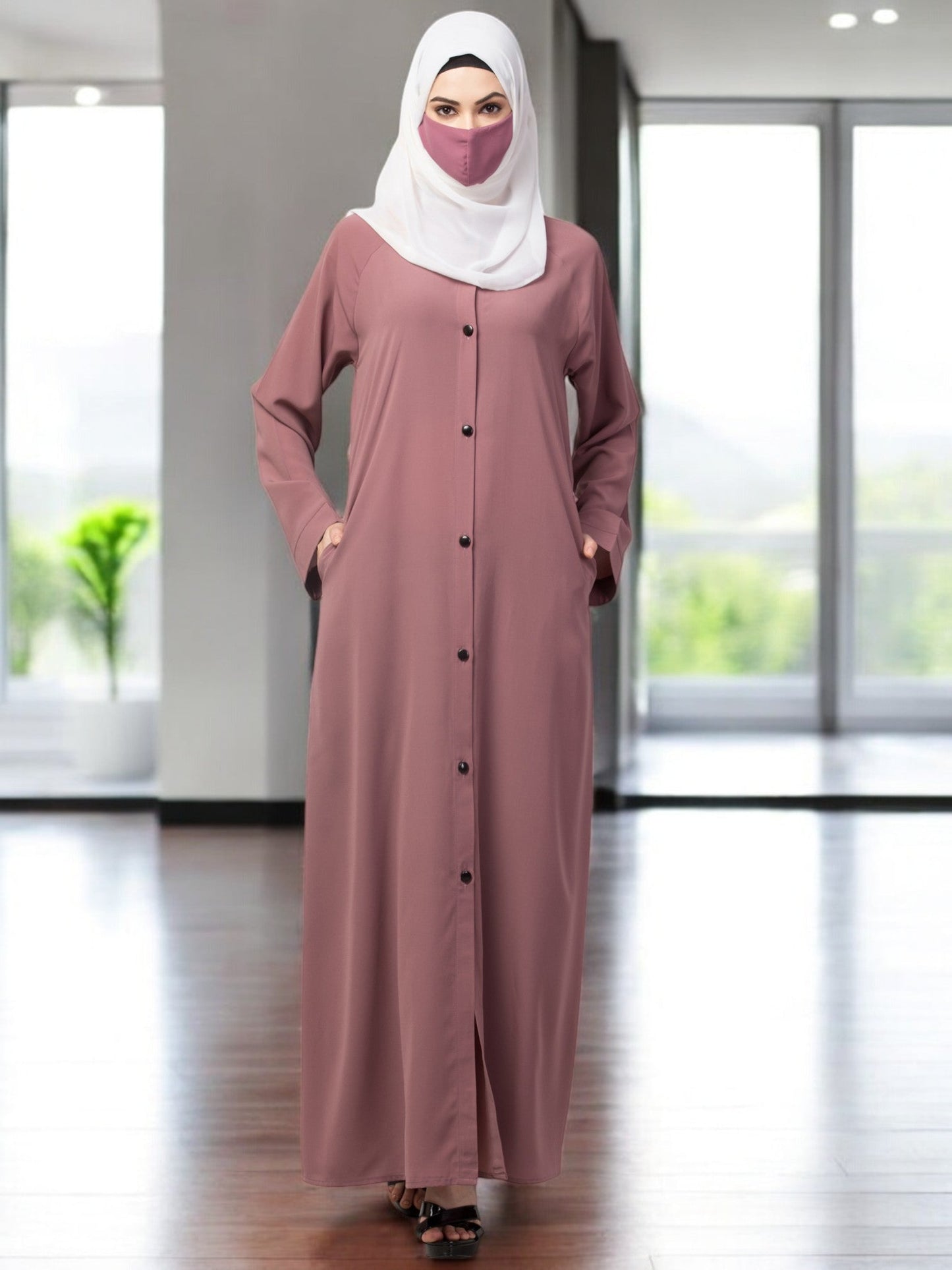 Front Open Abaya With Contrast Buttons