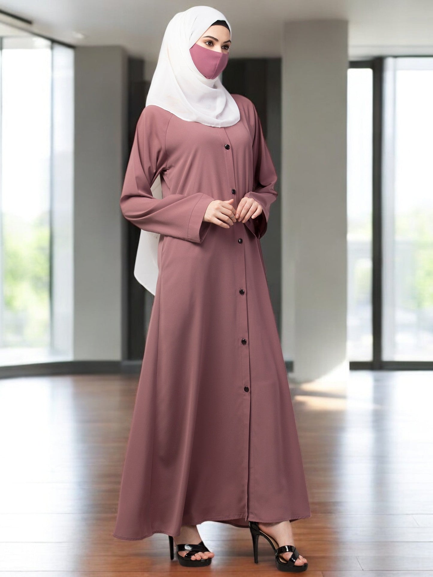 Front Open Abaya With Contrast Buttons