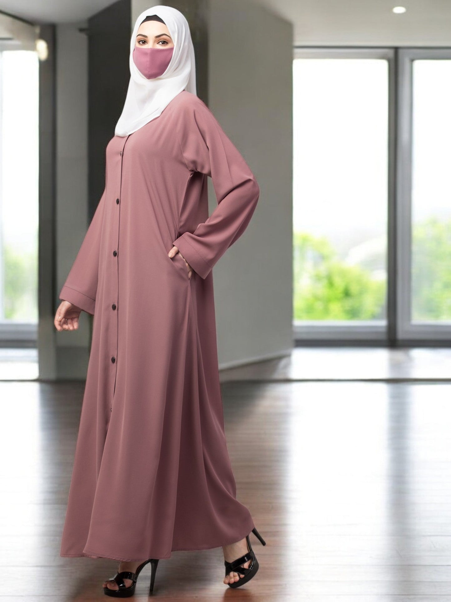Front Open Abaya With Contrast Buttons
