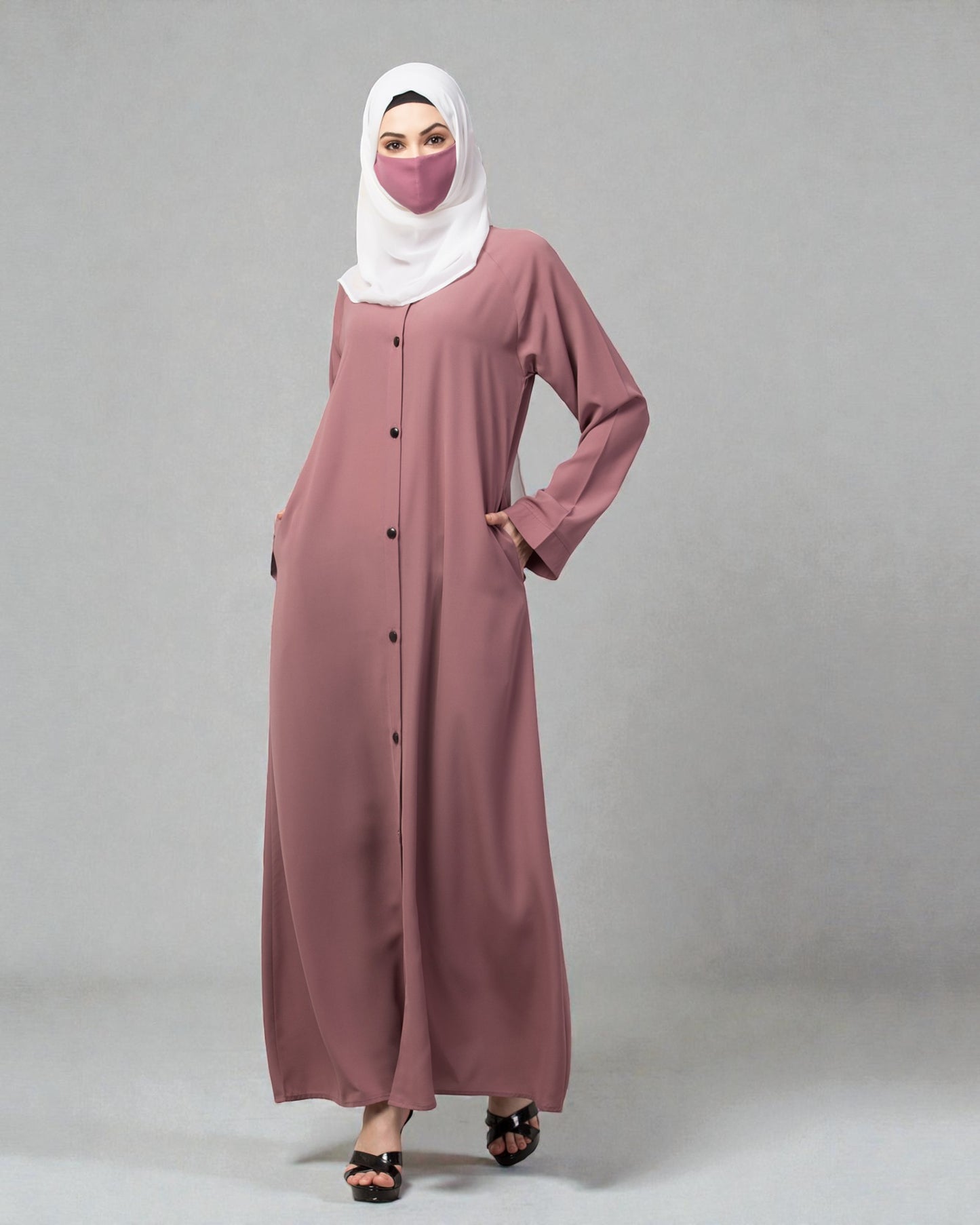 Front Open Abaya With Contrast Buttons