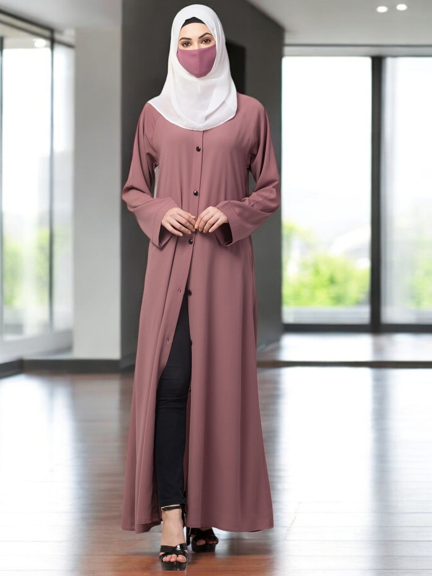 Front Open Abaya With Contrast Buttons