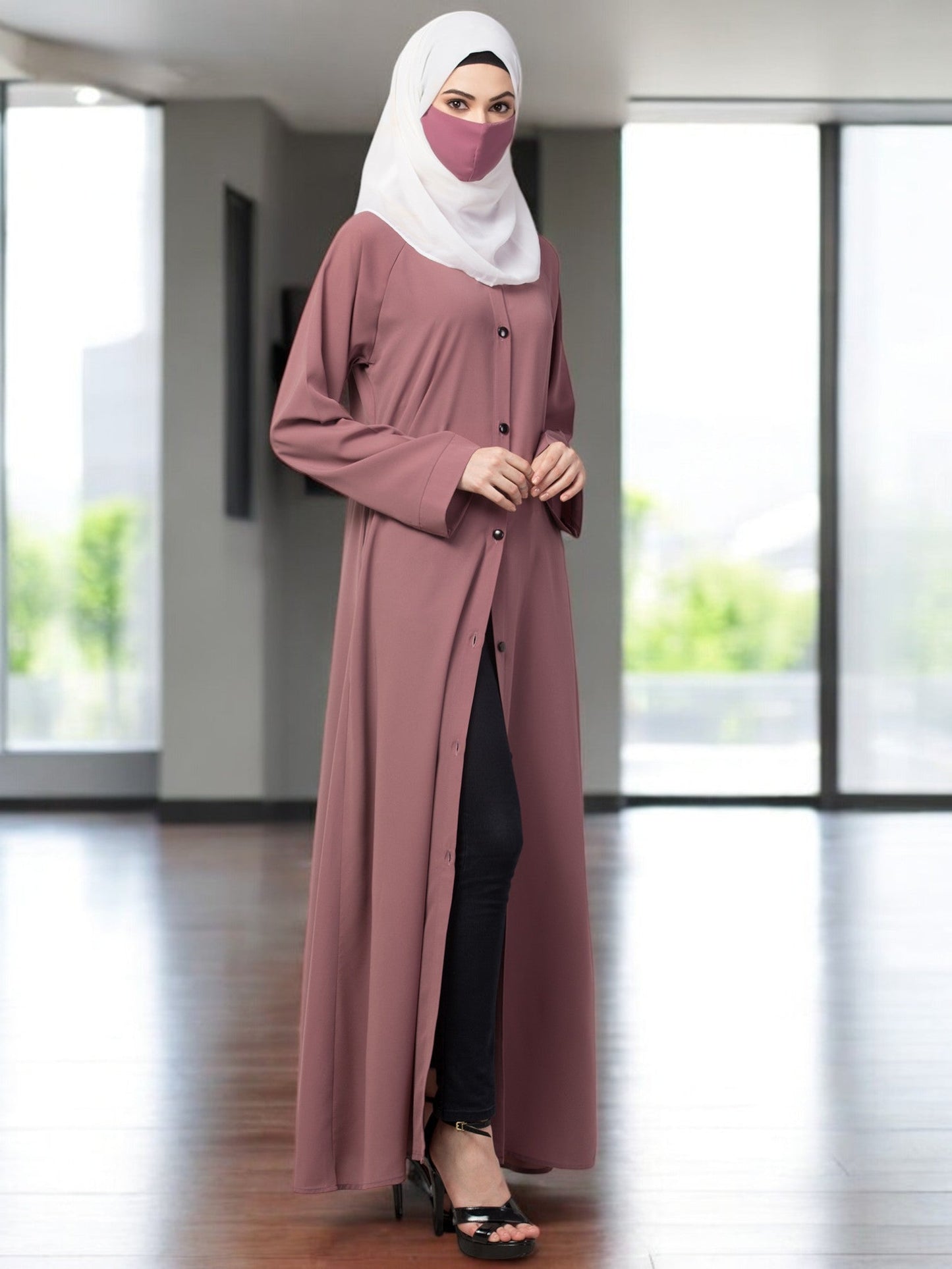 Front Open Abaya With Contrast Buttons