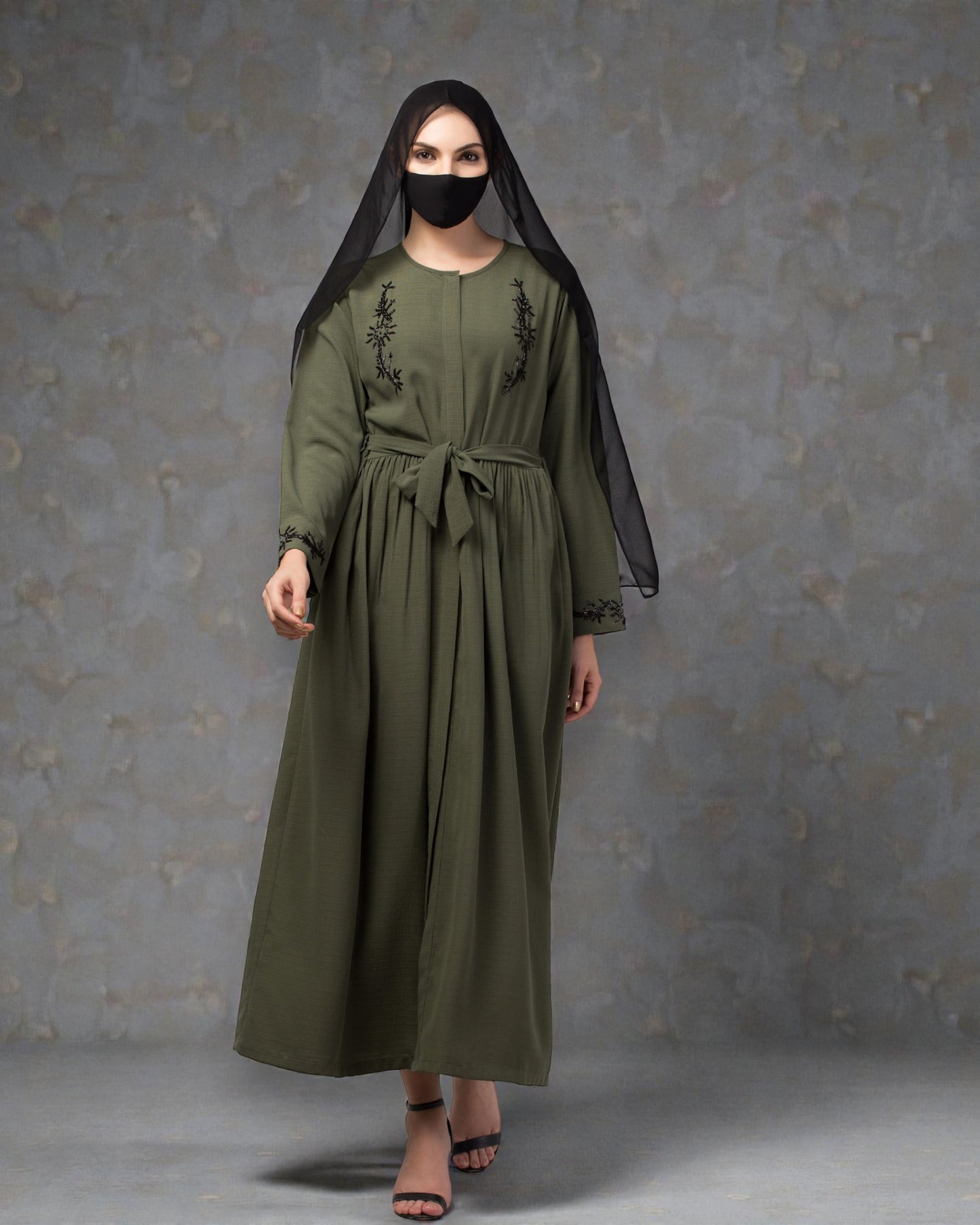 "CYE Crush Front Open Abaya: Elegant Handwork Embellishments with Matching Stole"