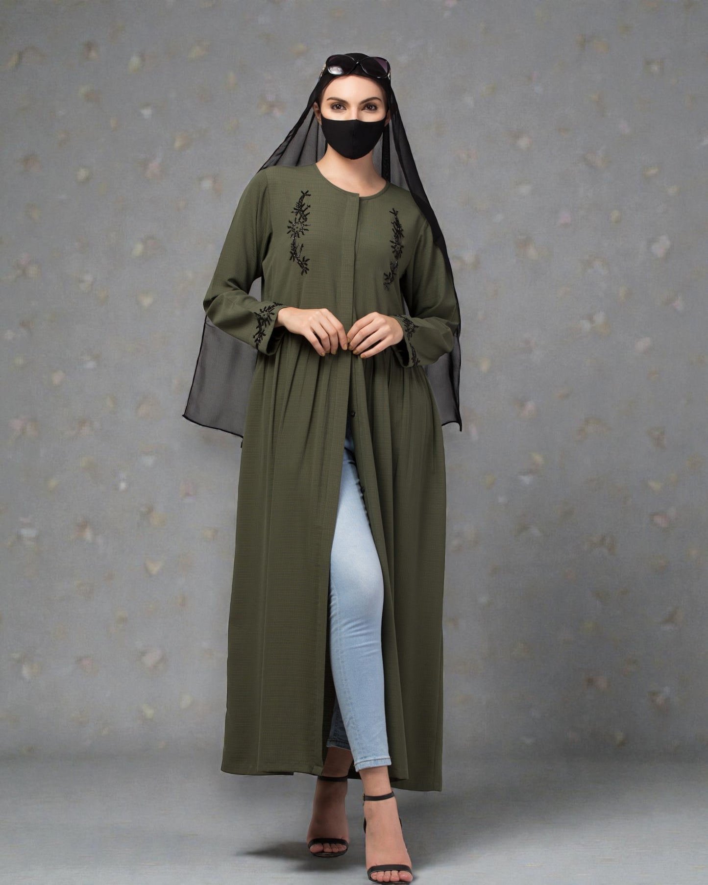 "CYE Crush Front Open Abaya: Elegant Handwork Embellishments with Matching Stole"