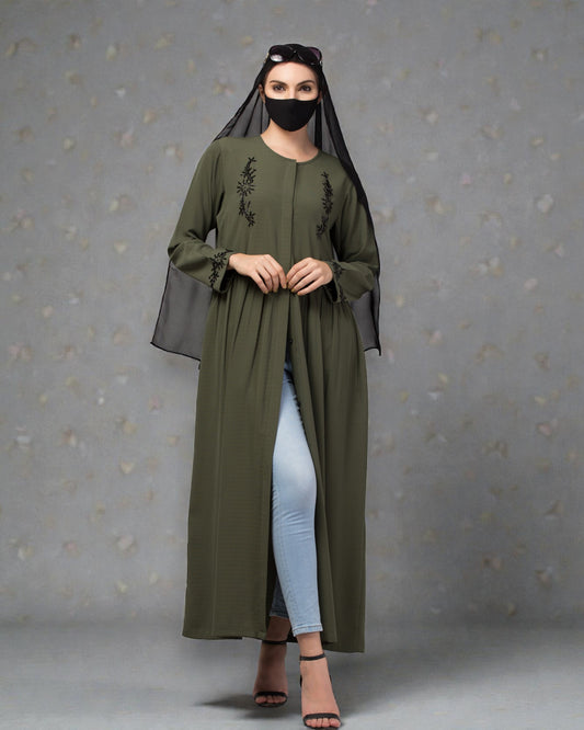 "CYE Crush Front Open Abaya: Elegant Handwork Embellishments with Matching Stole"