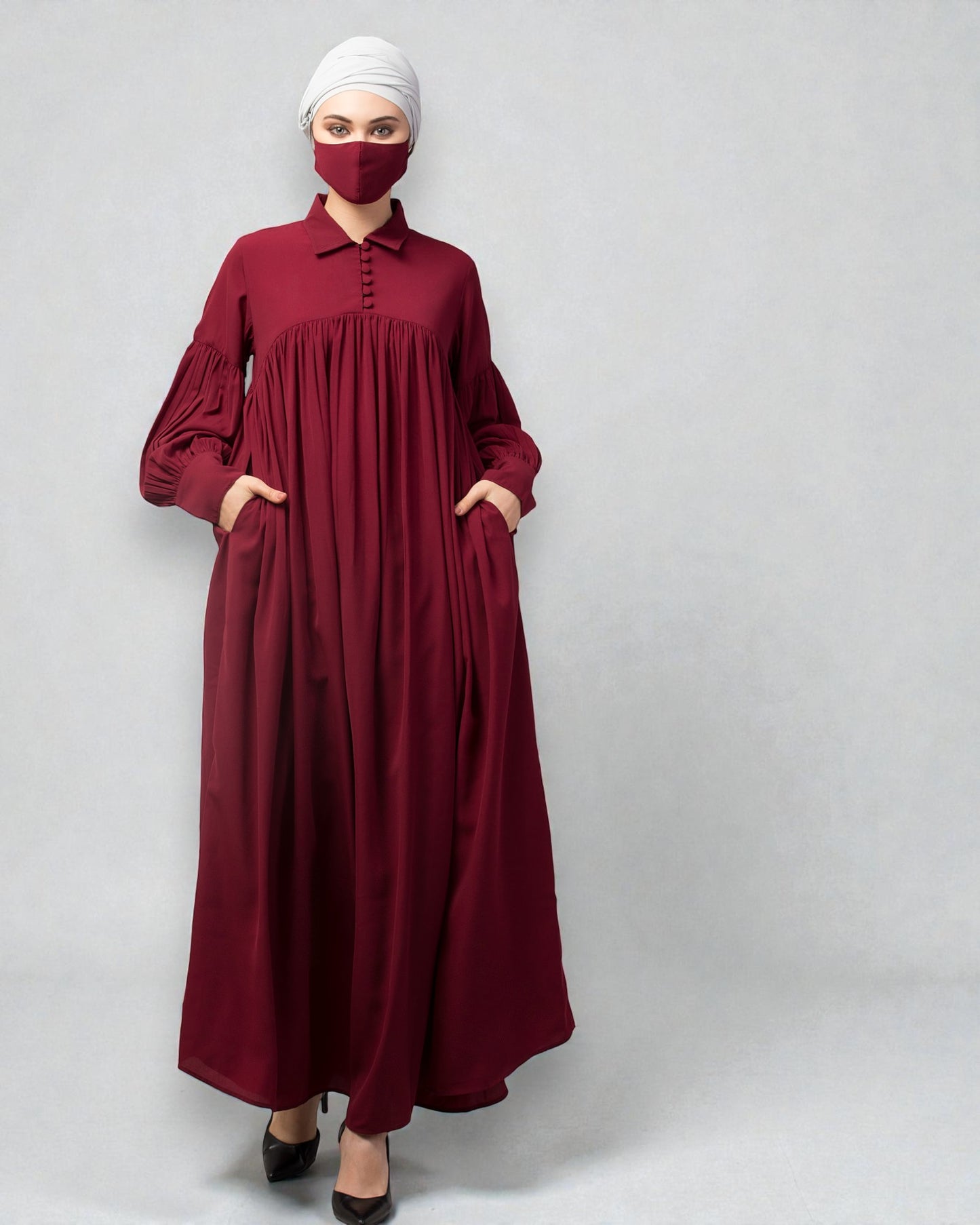Designer Abaya With Shirt Collar and Balloon Sleeves
