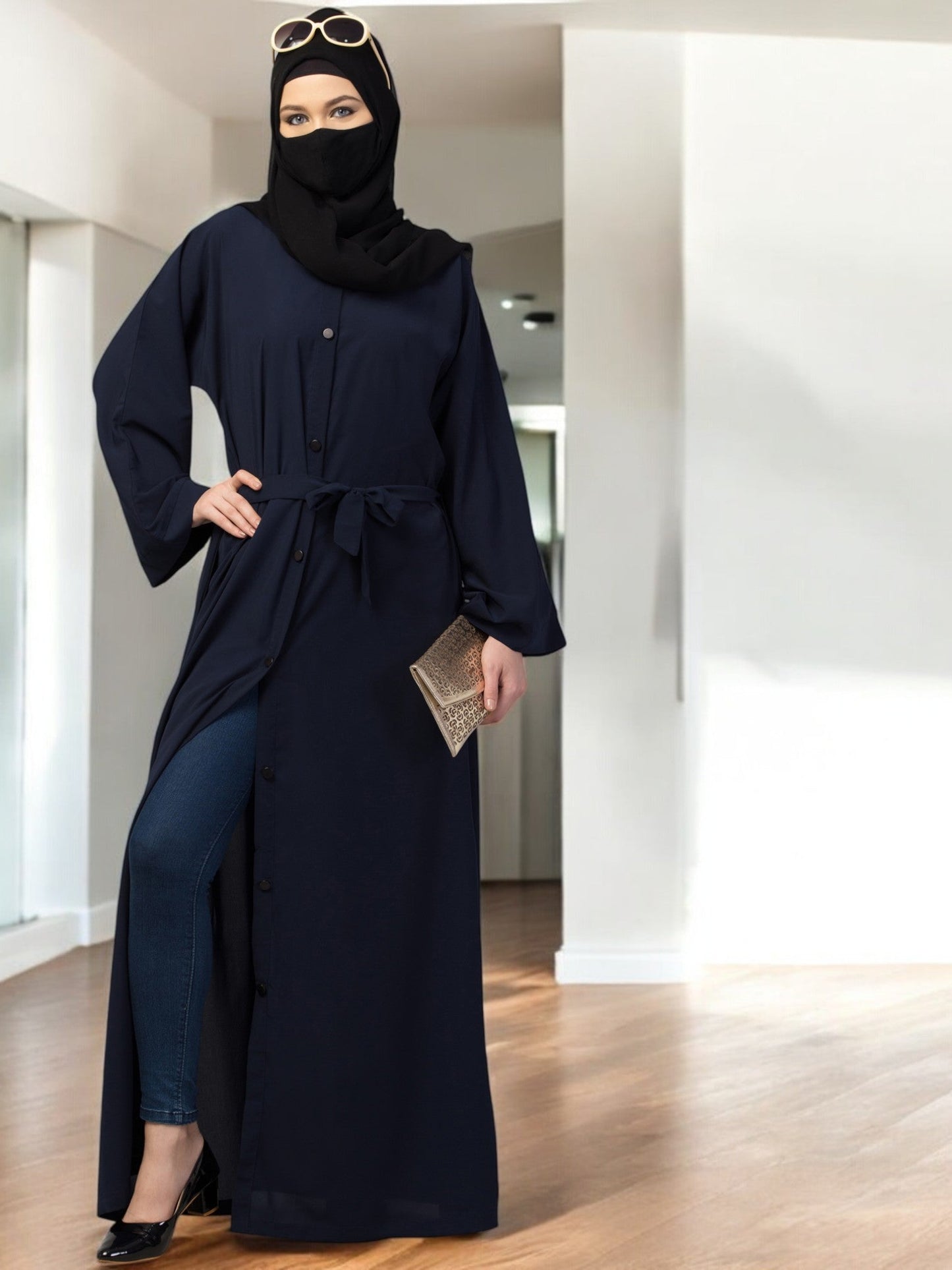 Front Open Abaya With Kimono Sleeves & Belt