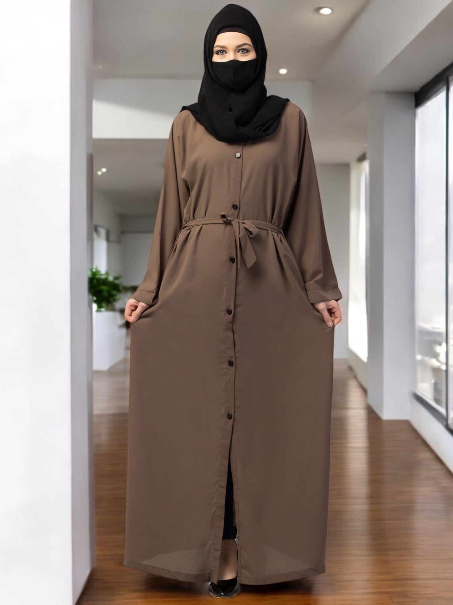 Front Open Abaya With Kimono Sleeves & Belt