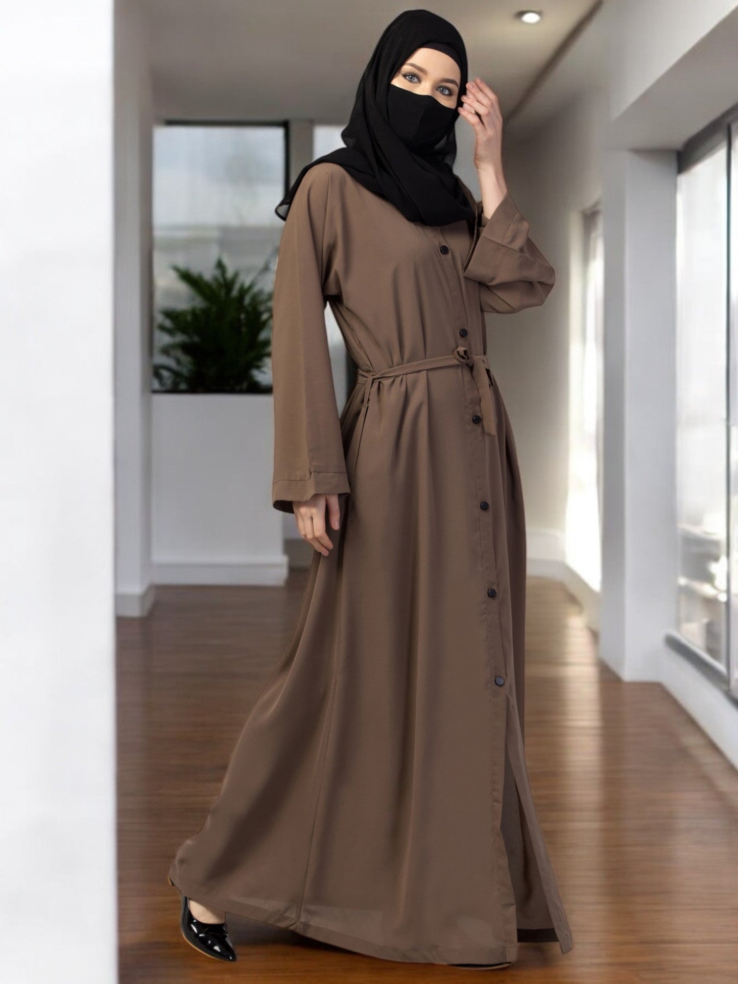Front Open Abaya With Kimono Sleeves & Belt
