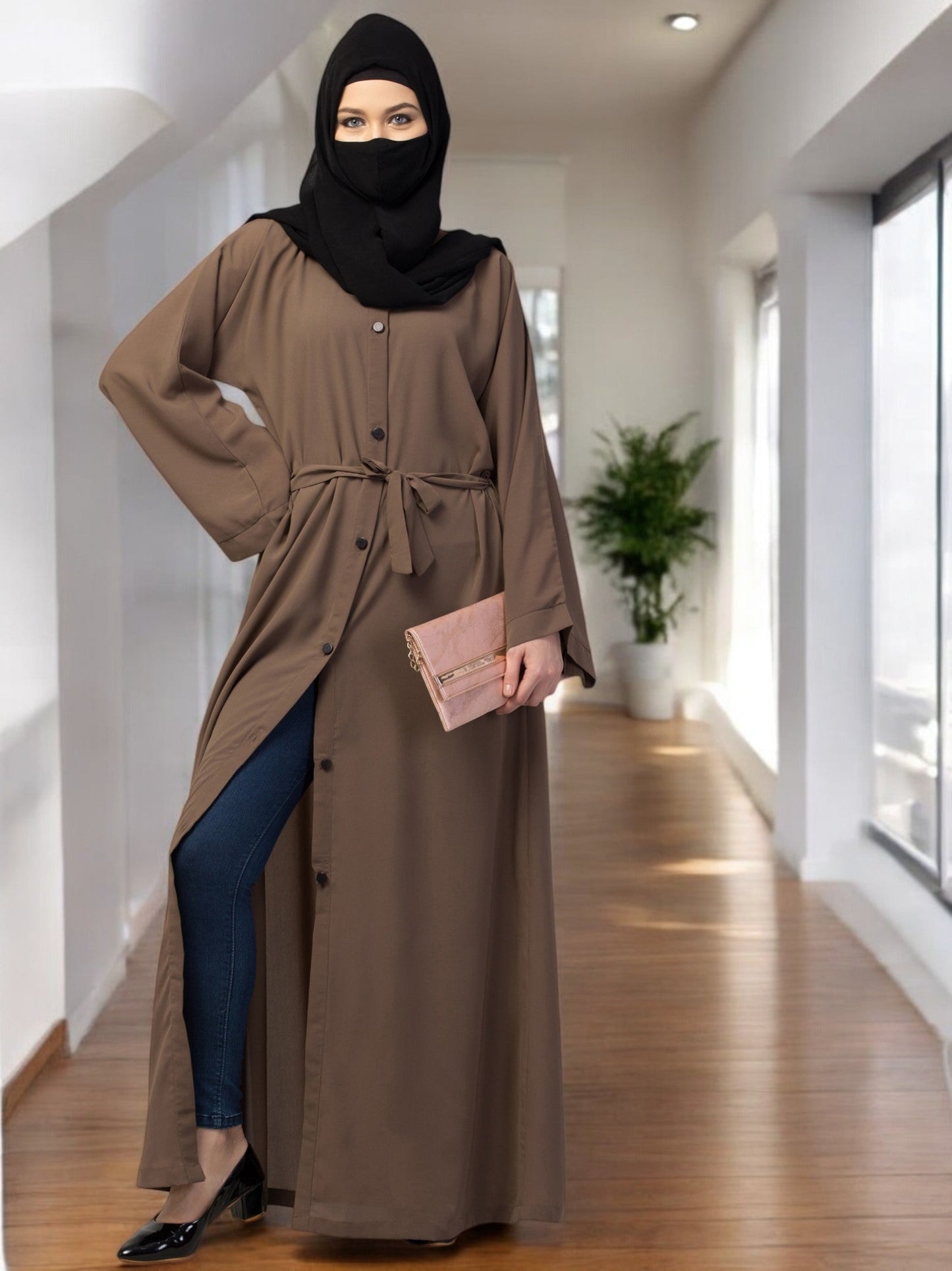 Front Open Abaya With Kimono Sleeves & Belt