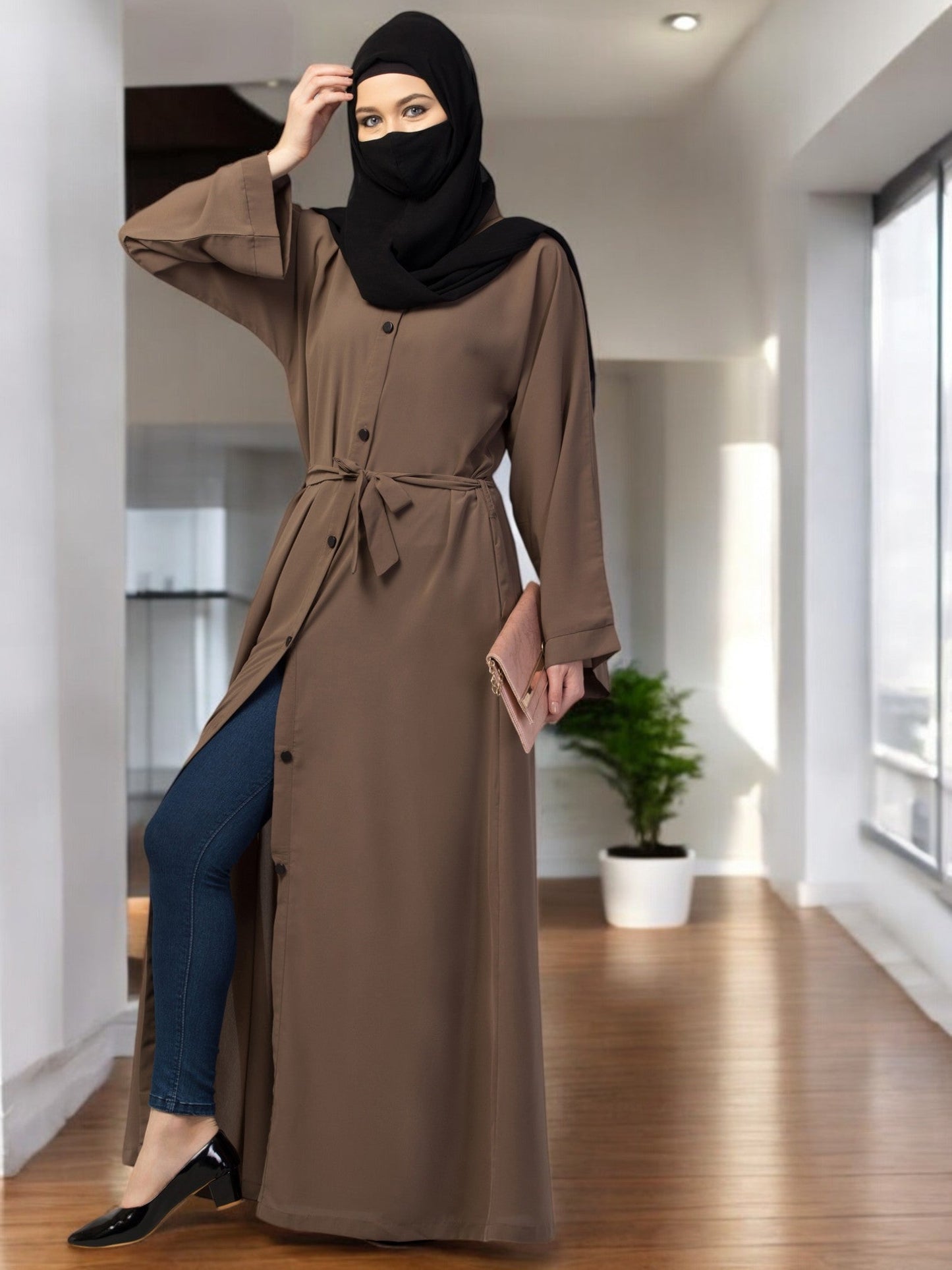 Front Open Abaya With Kimono Sleeves & Belt