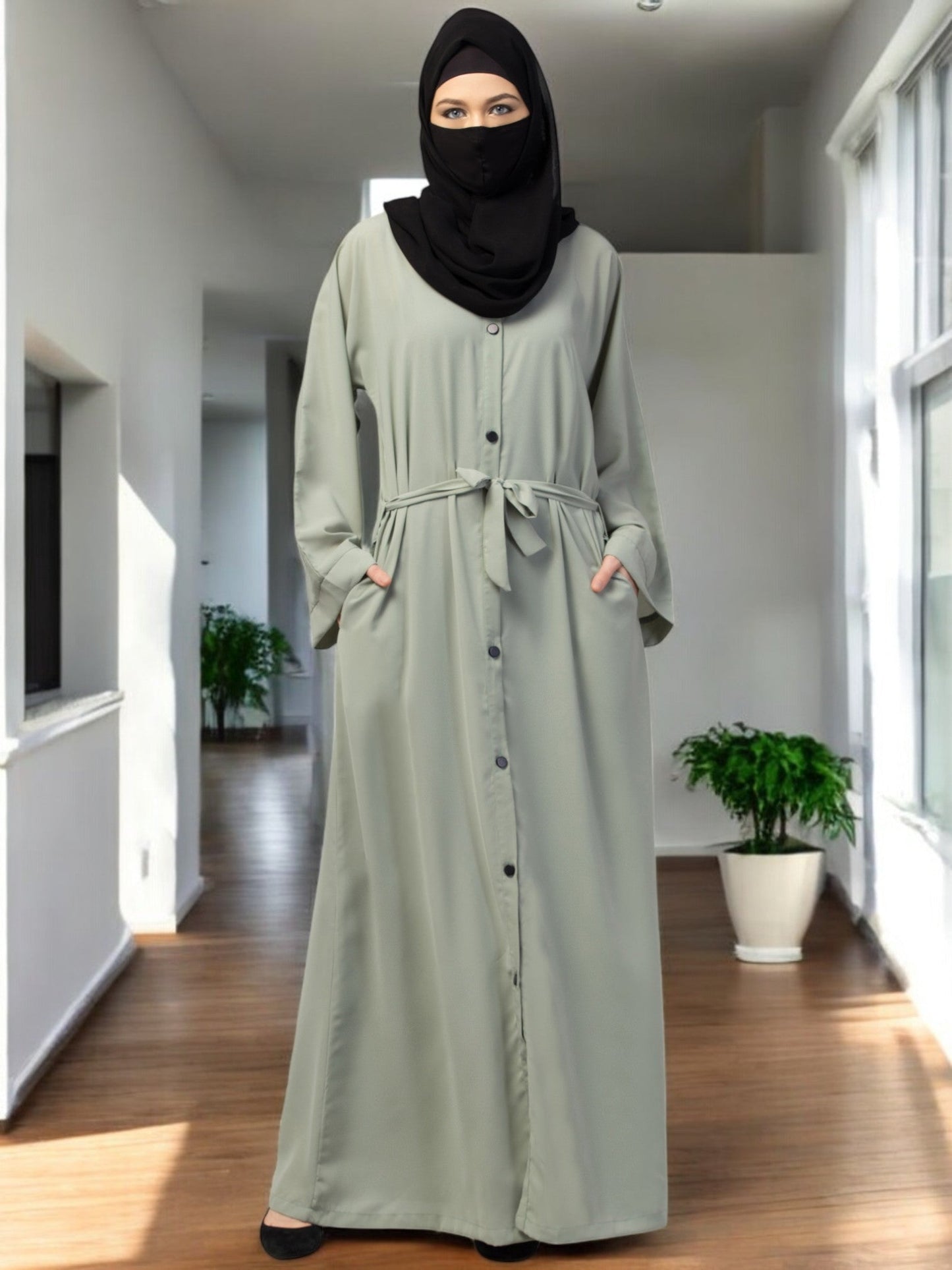 Front Open Abaya With Kimono Sleeves & Belt
