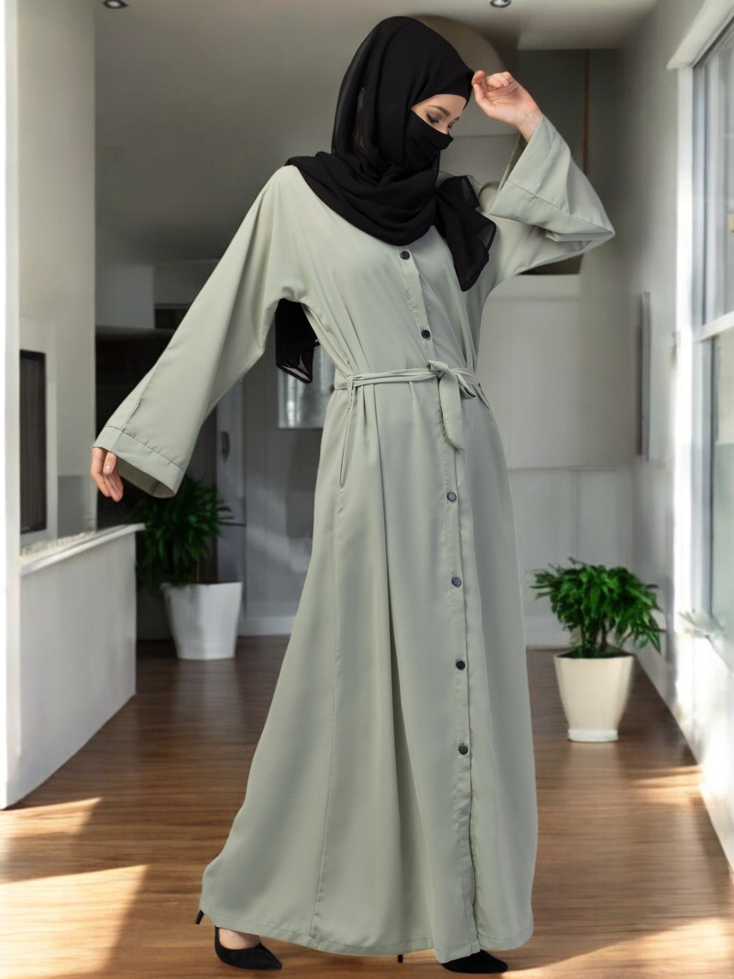 Front Open Abaya With Kimono Sleeves & Belt