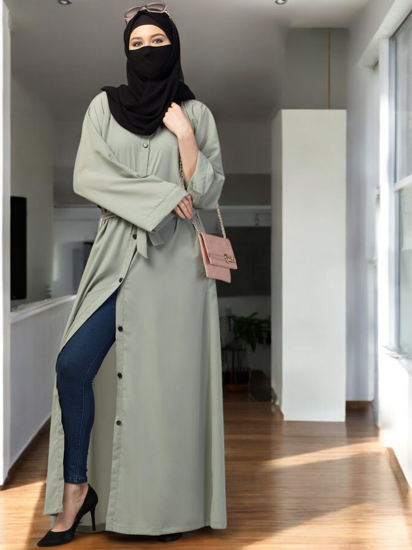 Front Open Abaya With Kimono Sleeves & Belt