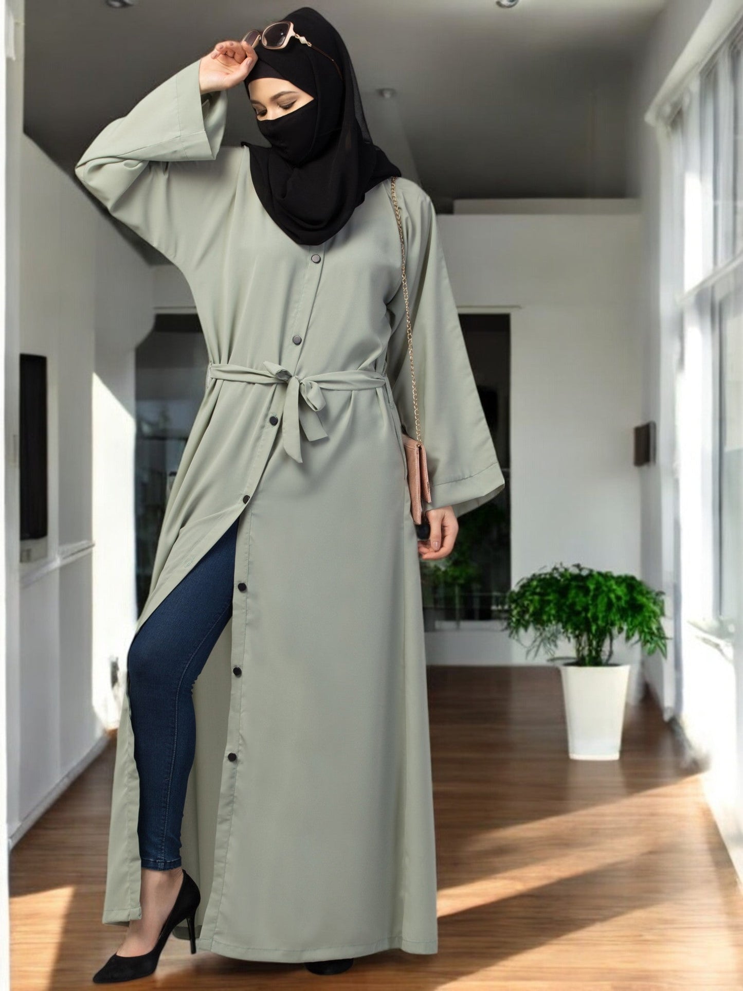 Front Open Abaya With Kimono Sleeves & Belt