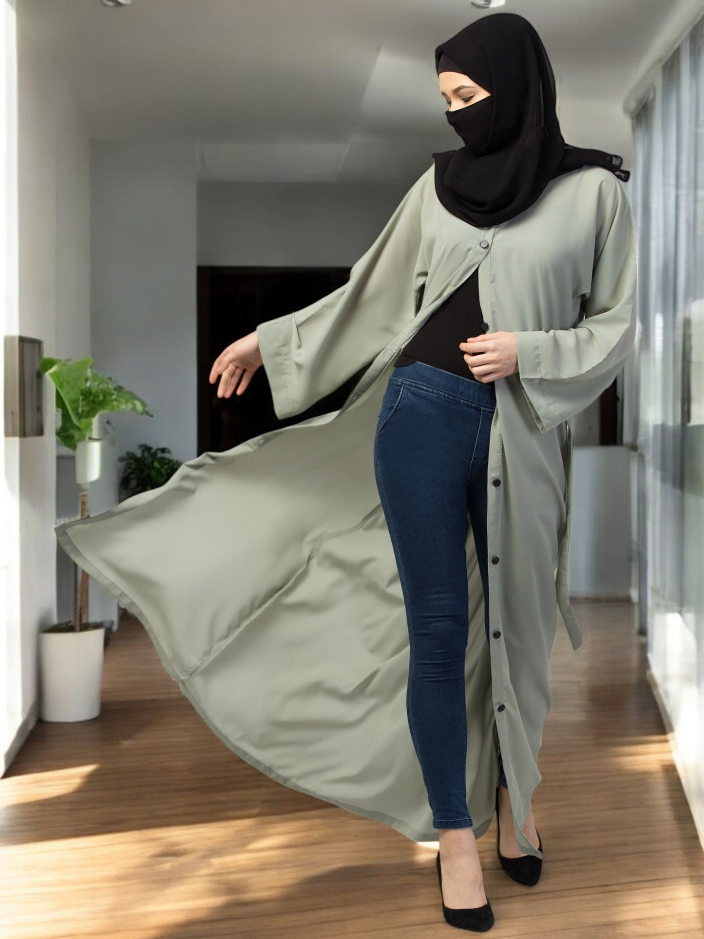 Front Open Abaya With Kimono Sleeves & Belt