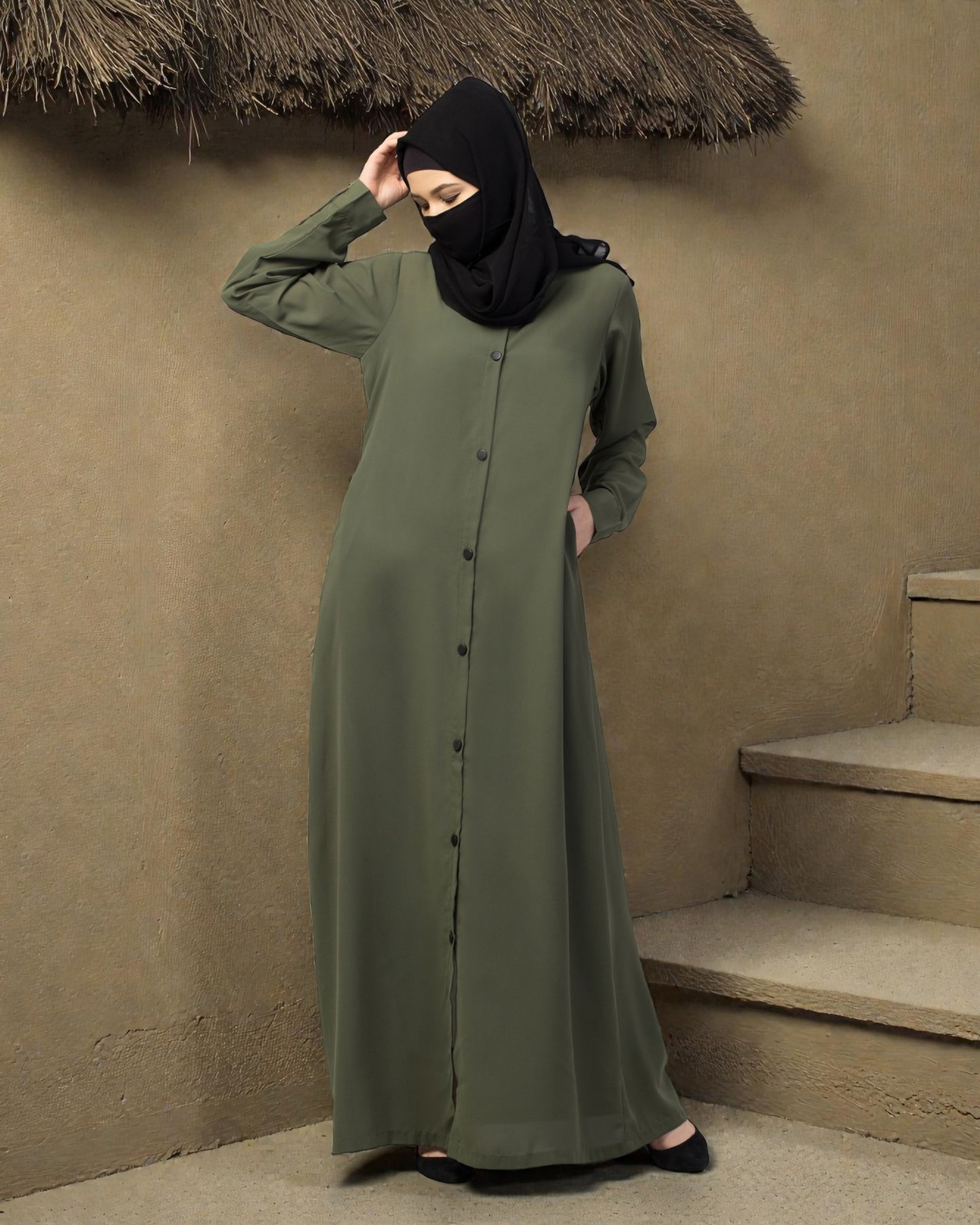 Front Open Abaya With Cuffed Sleeves