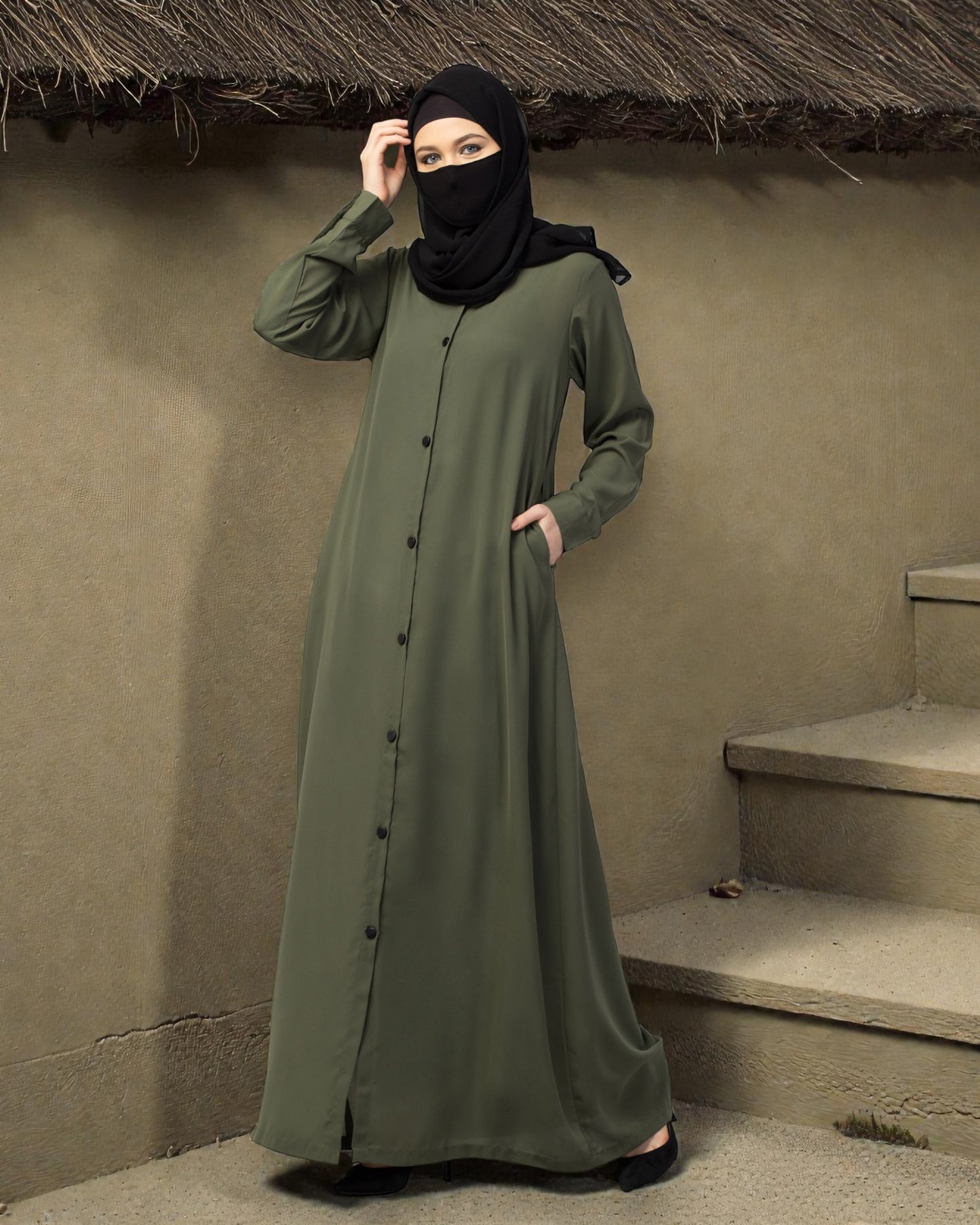 Front Open Abaya With Cuffed Sleeves