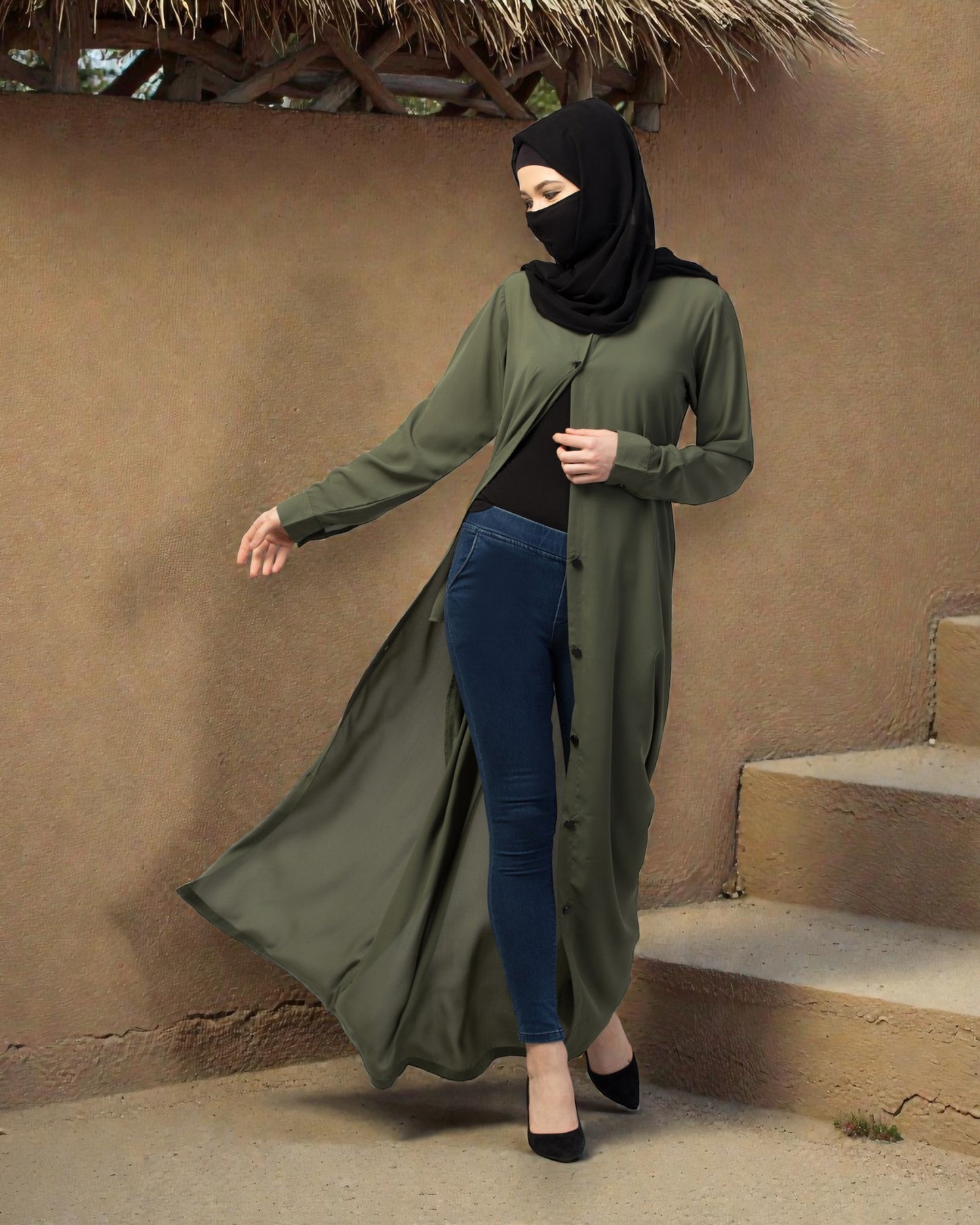 Front Open Abaya With Cuffed Sleeves