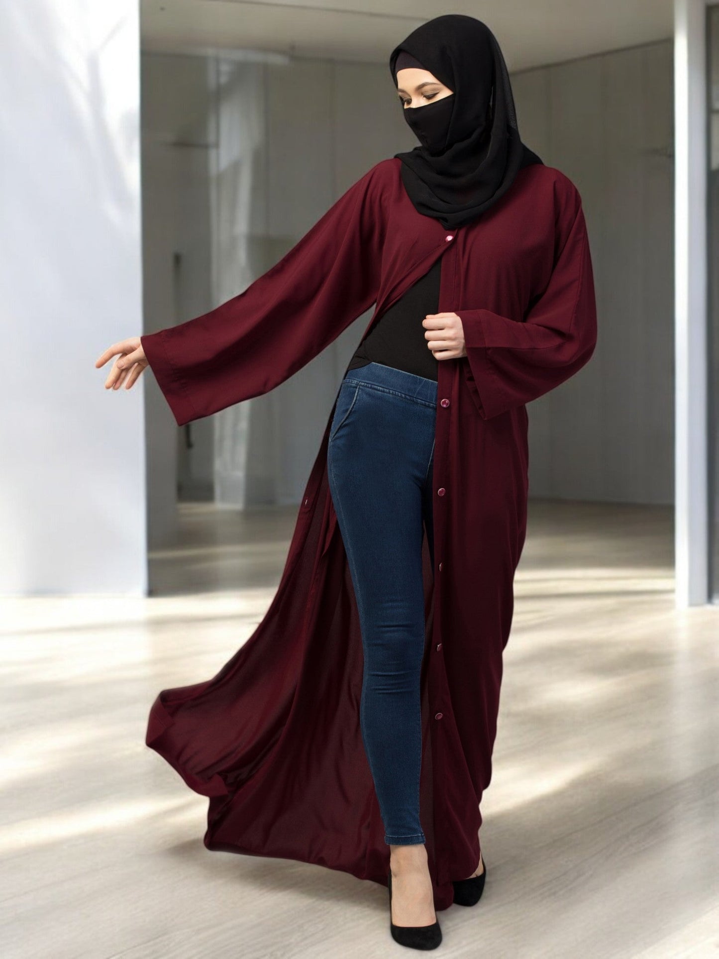 Front Open Abaya With Kimono Sleeves & Belt