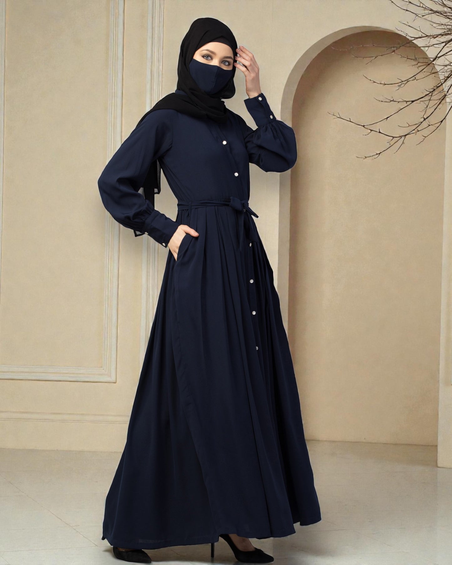 Front Open- Designer Dress In Abaya Fit With Pleats