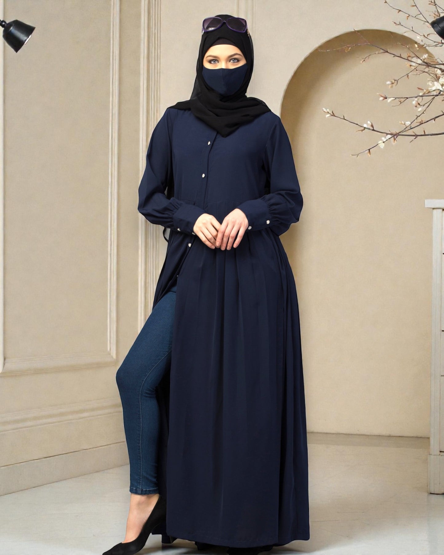Front Open- Designer Dress In Abaya Fit With Pleats