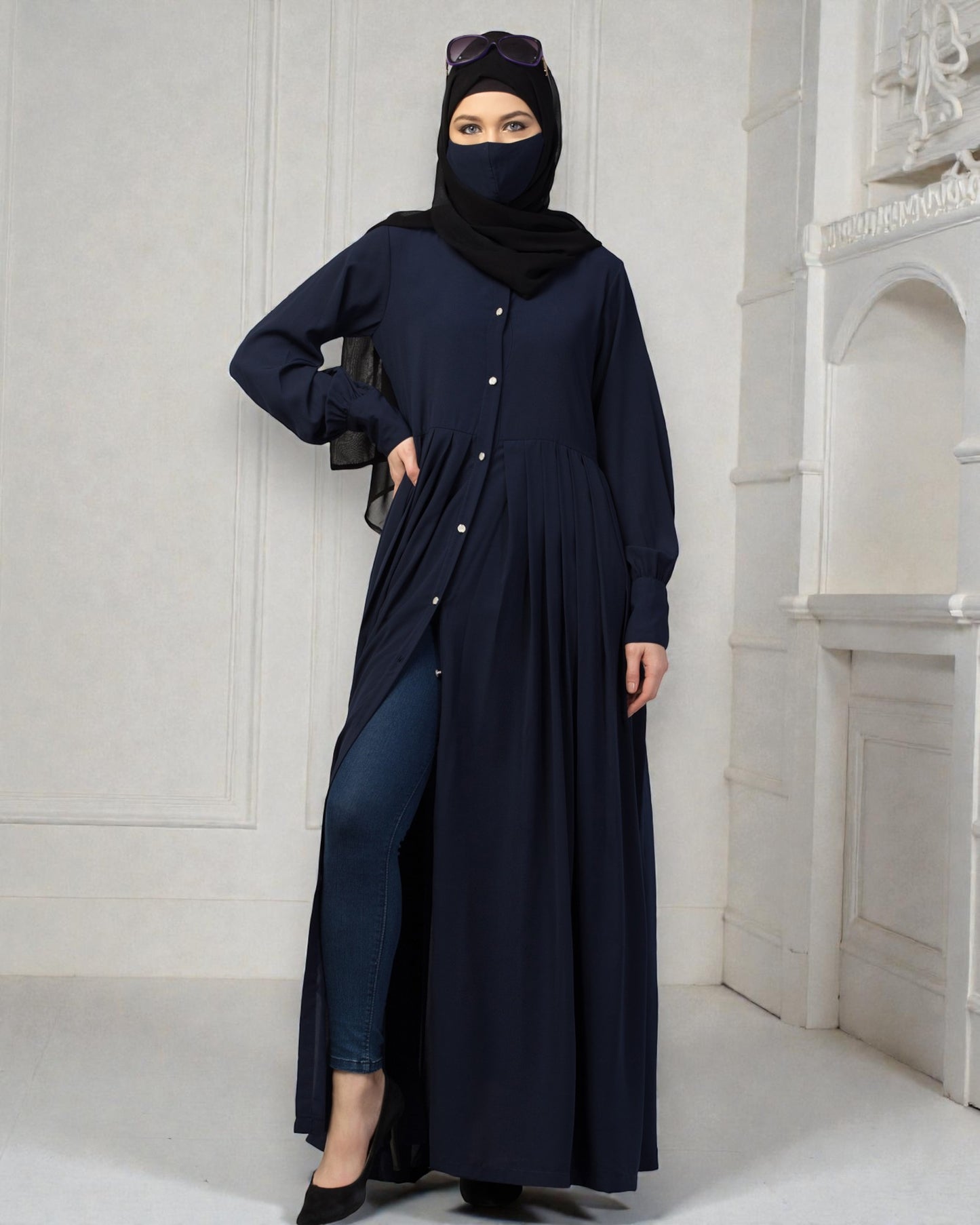 Front Open- Designer Dress In Abaya Fit With Pleats